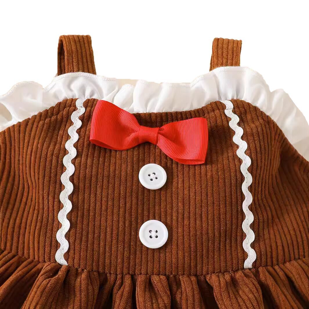 (Pre Order)Baby & Toddler Christmas Corduroy Gingerbread Suspender Dress
