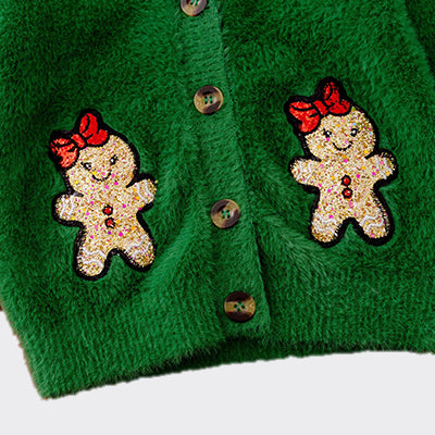 (In Stock A06)Girls Christmas Gingerbread Man Sequin Applique Cardigan and Denim Skirt