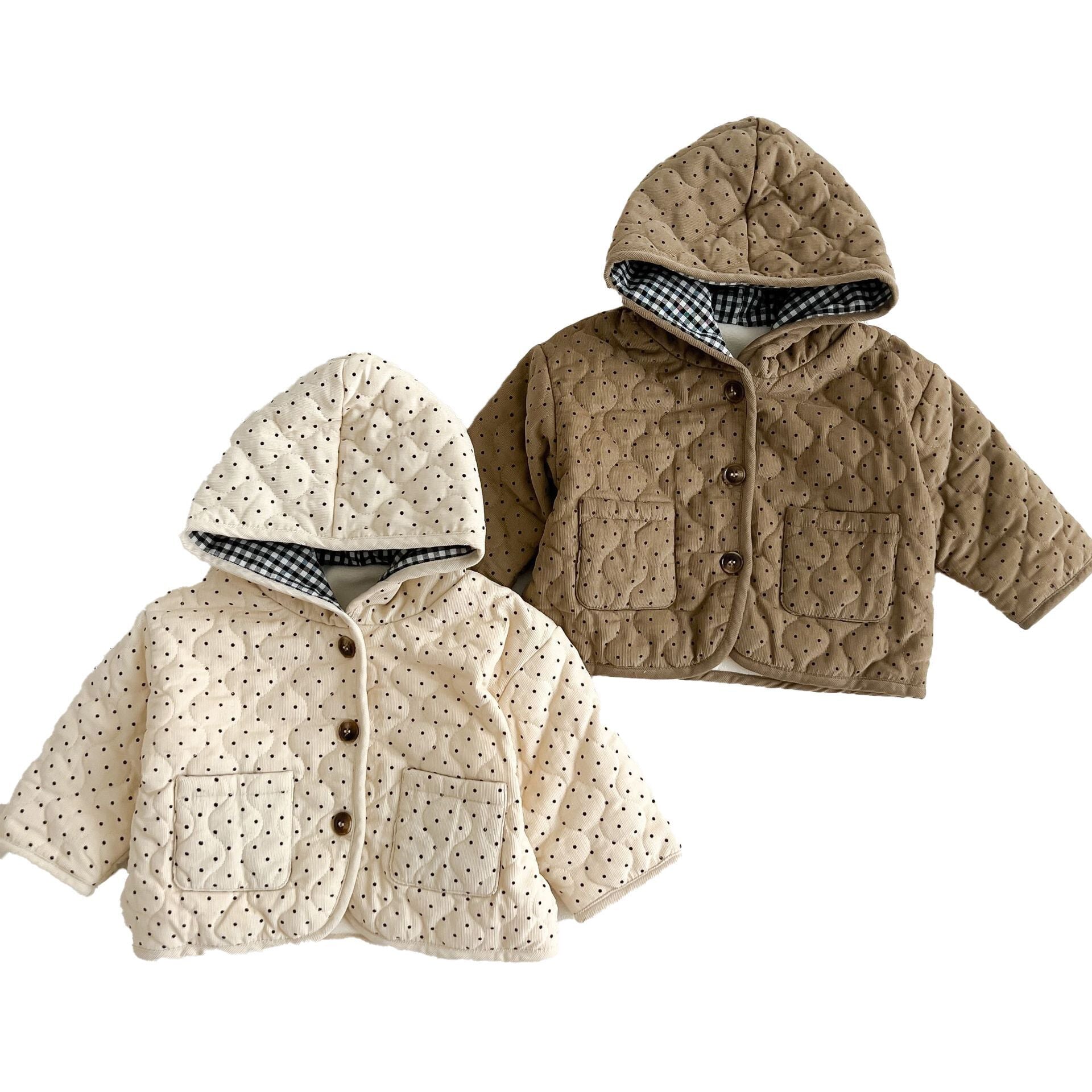 (Pre Order)Kids Polka Dot Corduroy Hooded Coat
