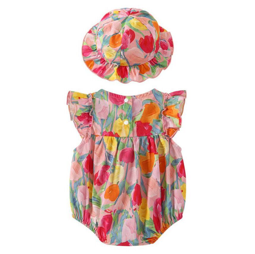 (Pre Order)Toddler Girls Spring and Summer Tulip Print Romper with Hat
