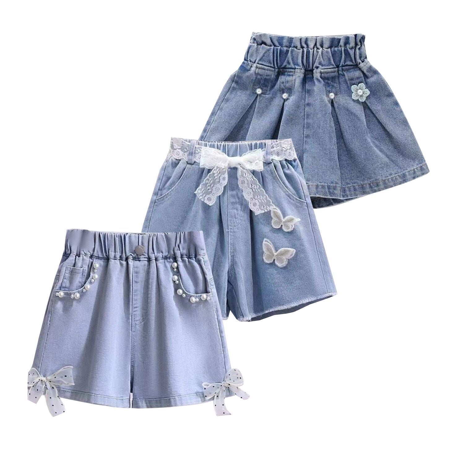 (Pre Order)Girls Summer Pearl Bow Denim Shorts