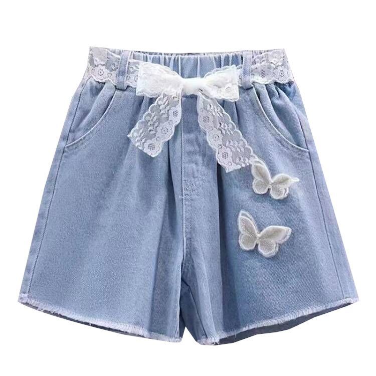 (Pre Order)Girls Summer Pearl Bow Denim Shorts