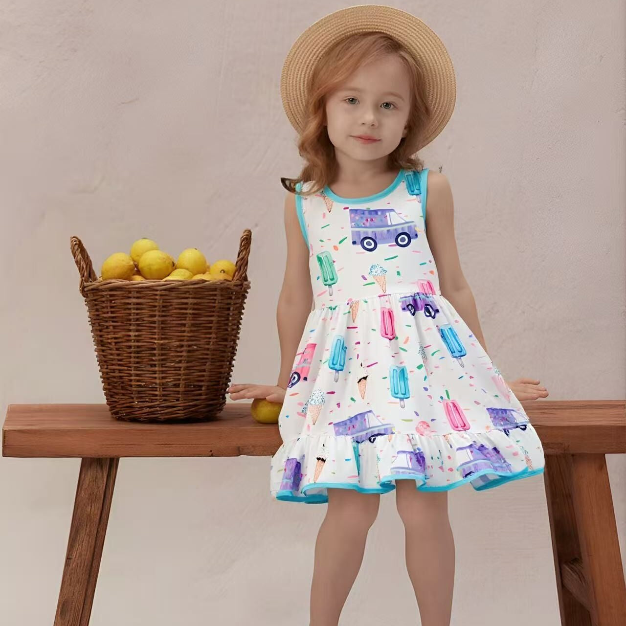 (In Stock)Girls Spring and Summer Ice Cream Print Dress