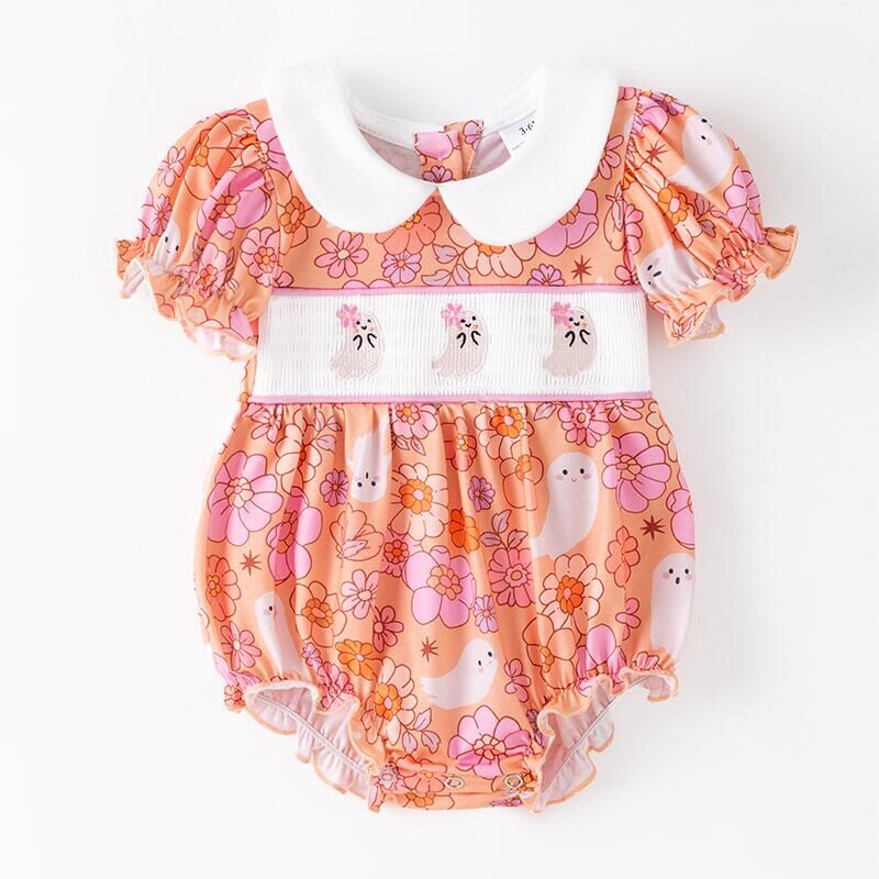 (In Stock)Toddler Girls Halloween Ghost Embroidery Smocked Romper