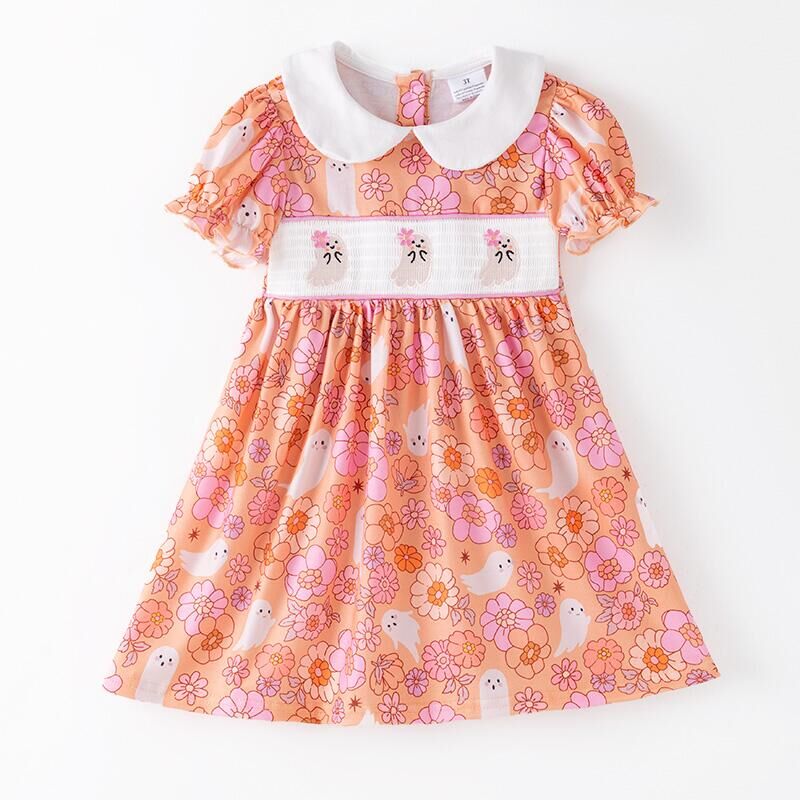 (In Stock)Girls Halloween Ghost Embroidery Smocked Dress