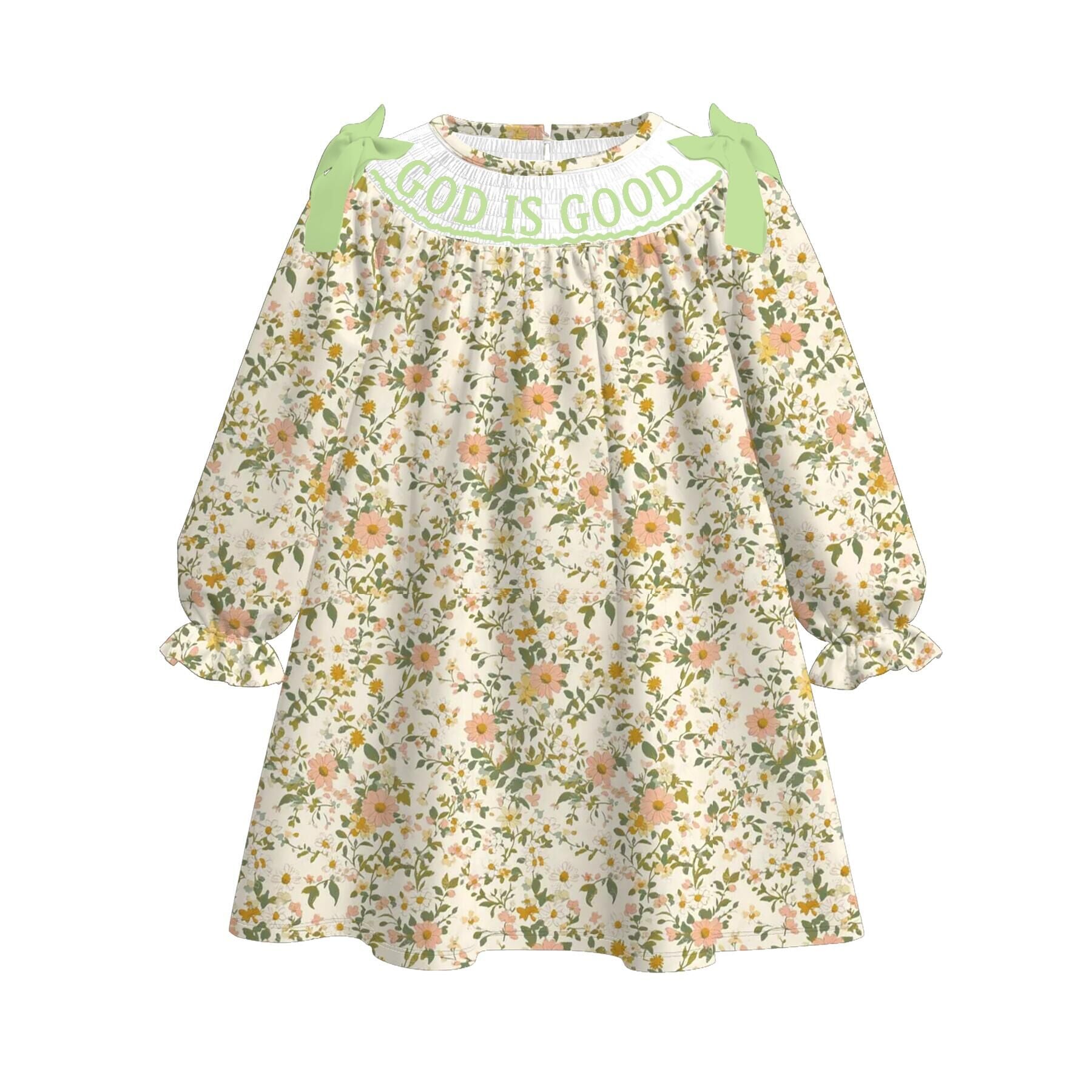 (Pre Order)Girls Fall&Winter GOD IS GOOD Embroidery Smocked Dress
