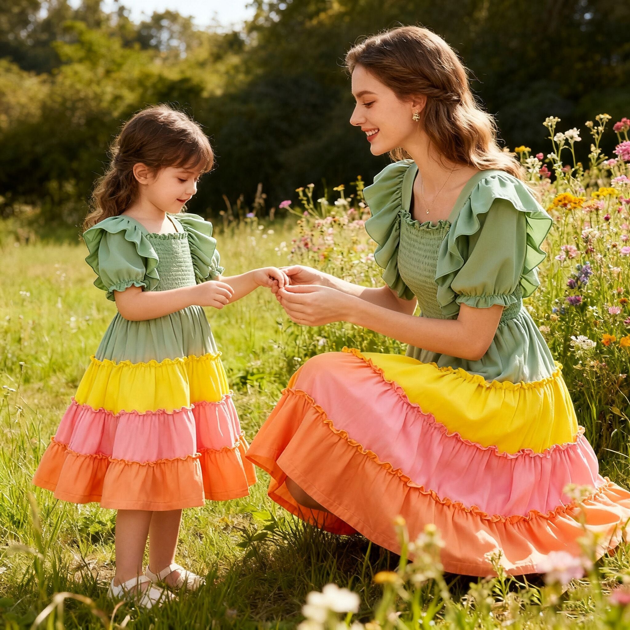 (In Stock)Mommy and Me Fall&Winter Color Matching Smocked Dress