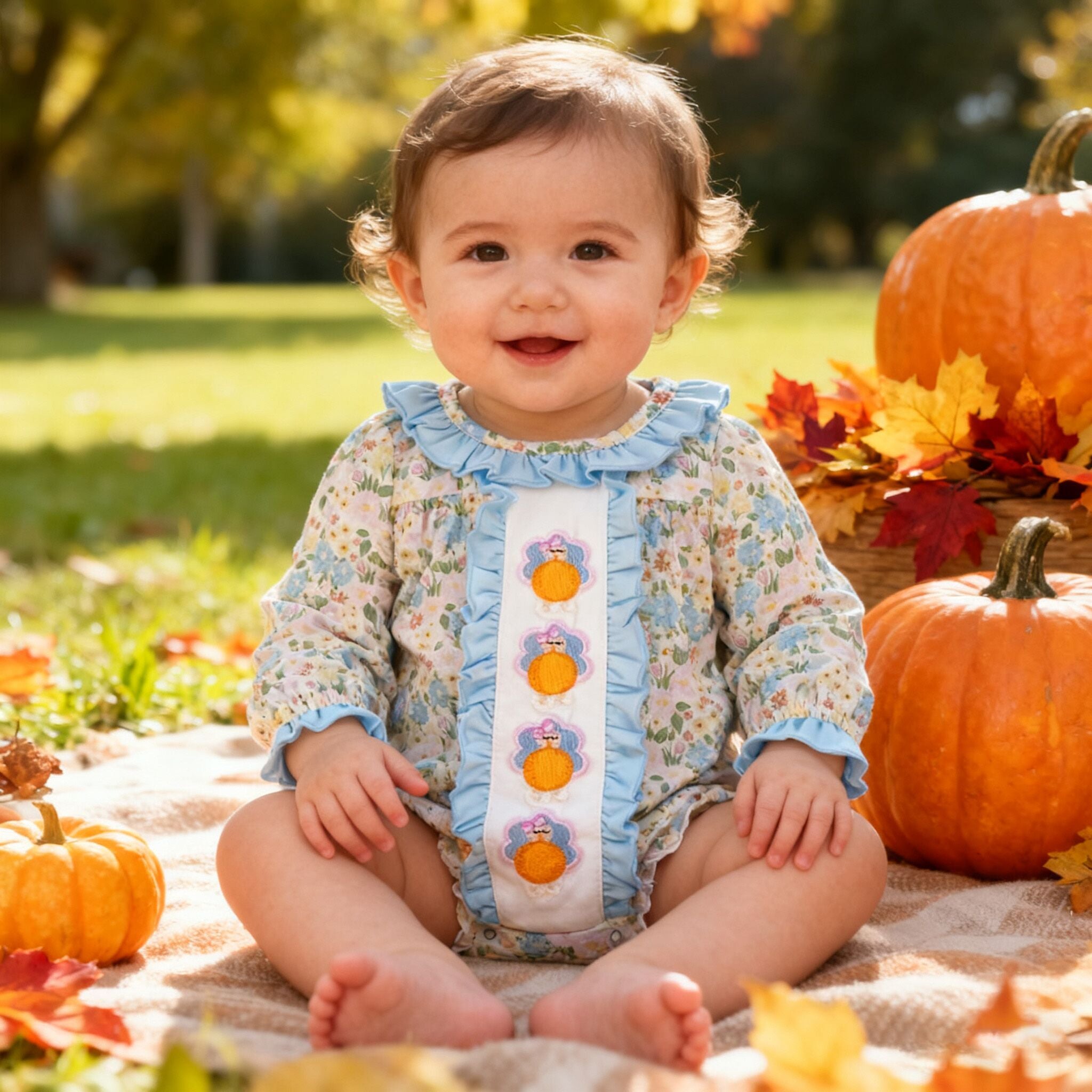 (Restock)Toddler Girls Thanksgiving Turkey Embroidery Ruffle Romper