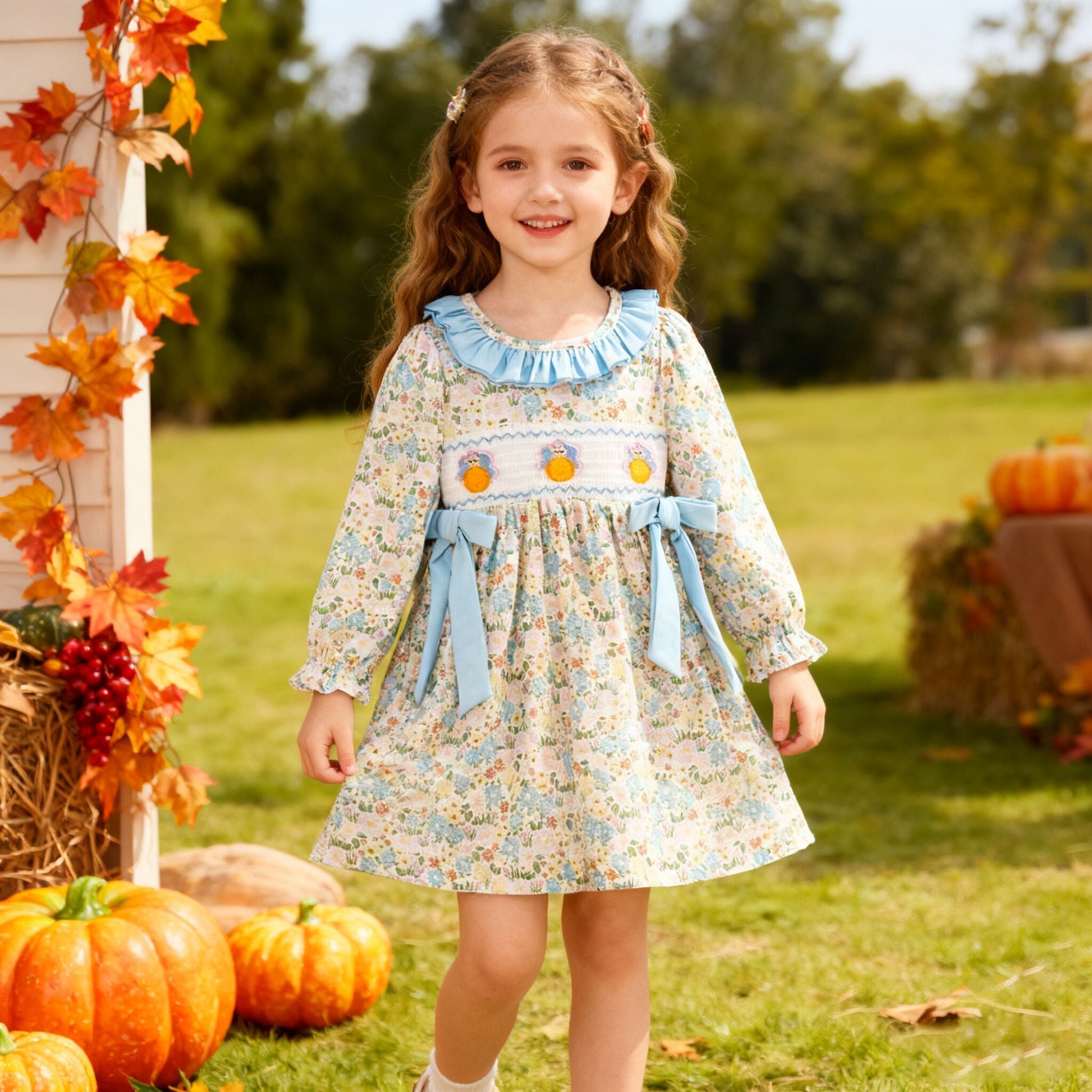 (Restock)Girls Thanksgiving Turkey Embroidery Ruffle Dress