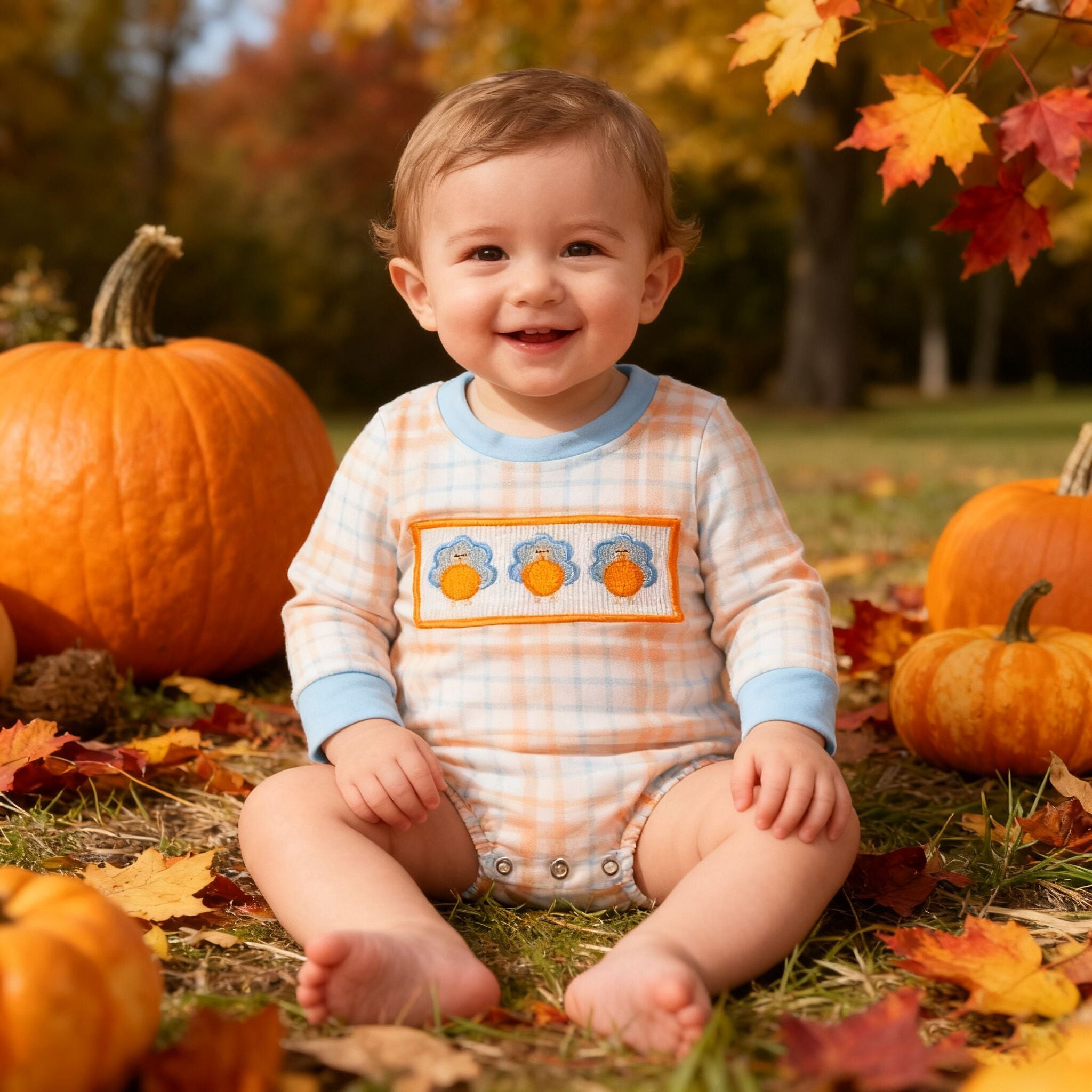 (Restock)Toddler Boys Thanksgiving Turkey Embroidery Smocked Romper