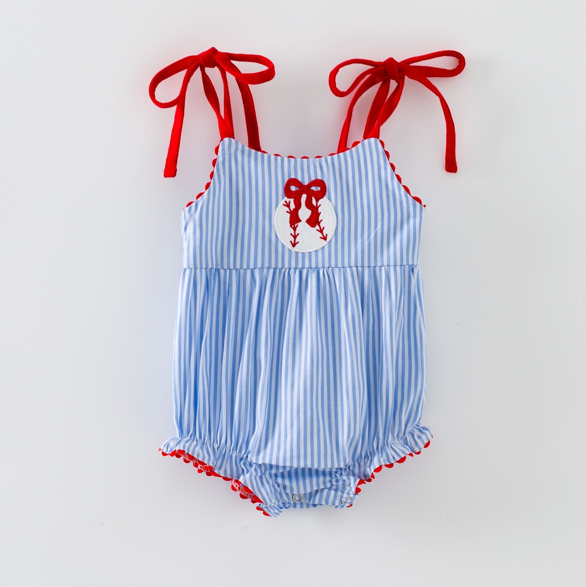 (In Stock)Toddler Girls Baseball Applique Smocked Cotton Romper