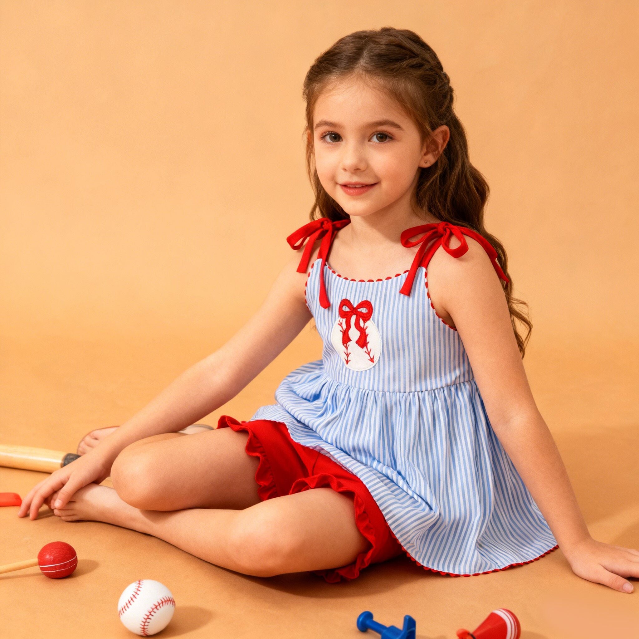 (In Stock) Girls Baseball Applique Smocked Cotton Shorts Set