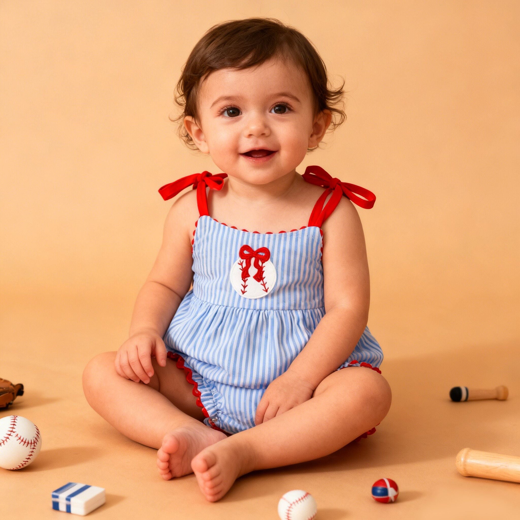 (In Stock)Toddler Girls Baseball Applique Smocked Cotton Romper