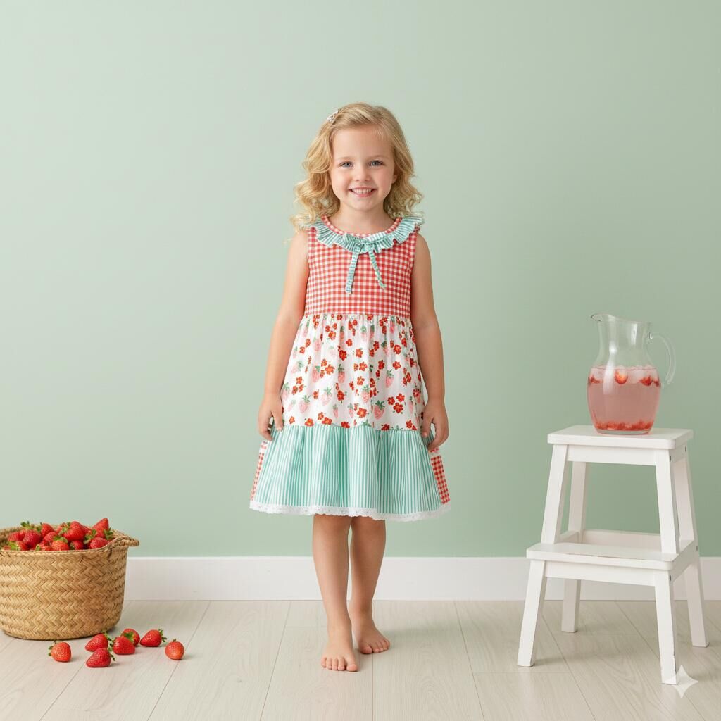 (In Stock)Girls Spring&Summer Strawberry Print Dress