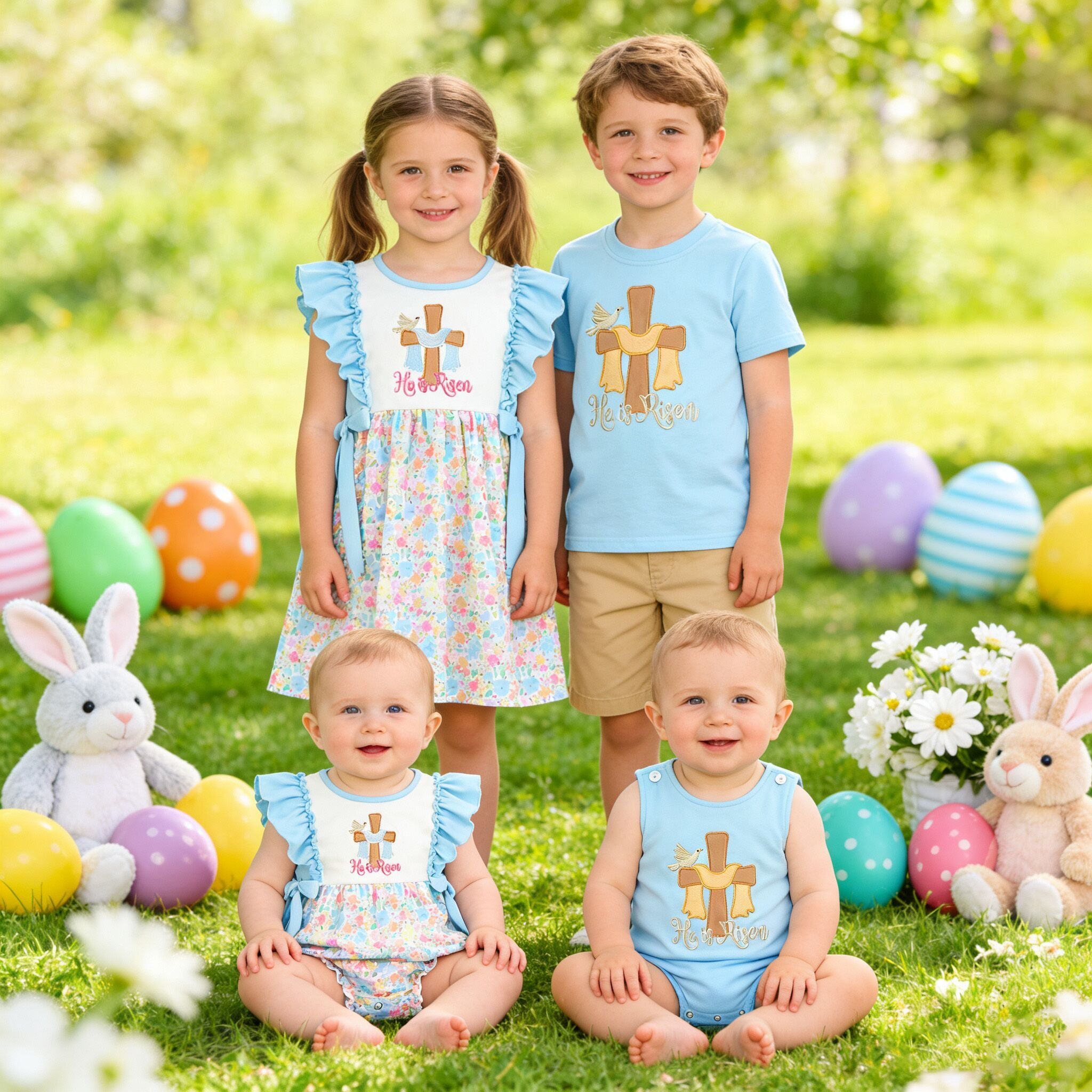 (In Stock)Siblings Easter Cross Applique Dress,Top&Romper