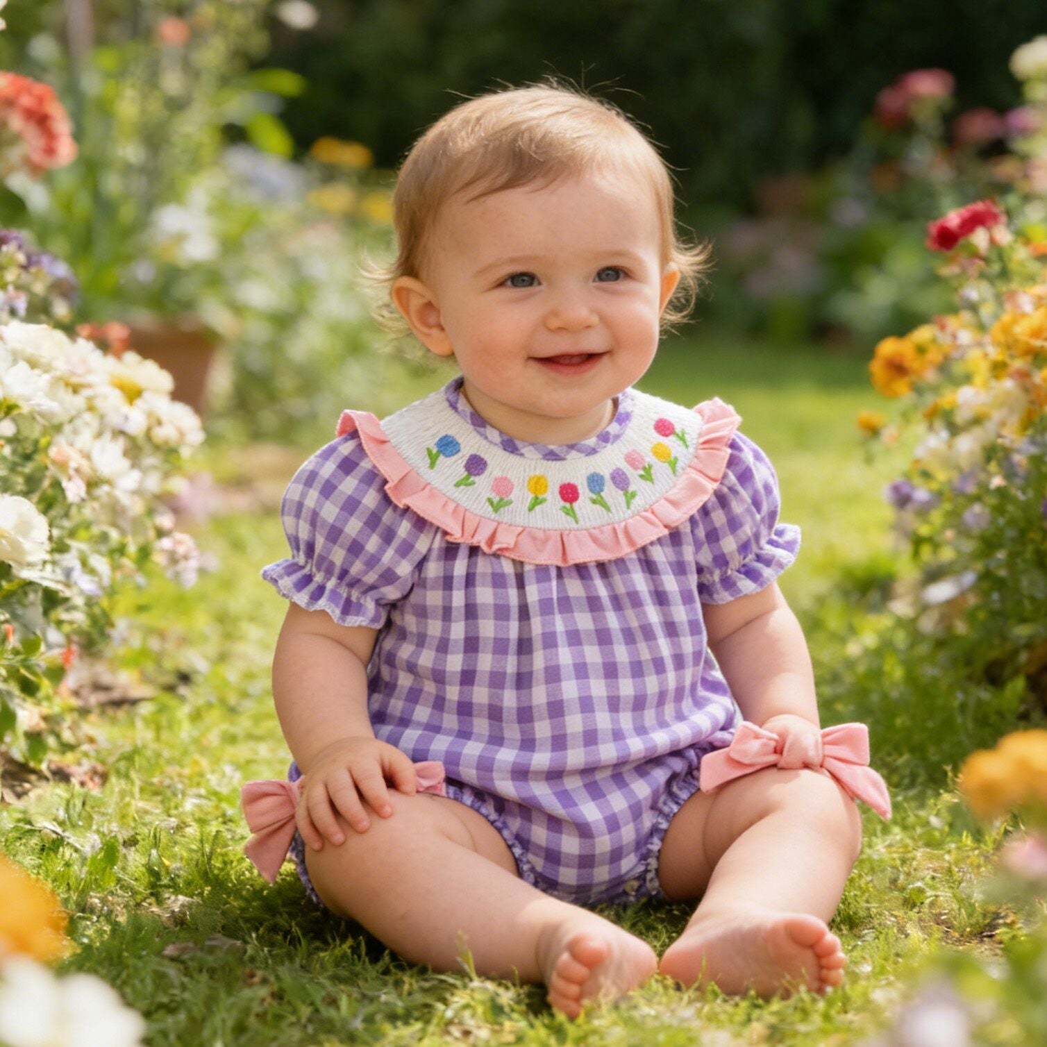 (In Stock)Girls Spring&Summer Tulip Embroidery Smocked Dress&Romper