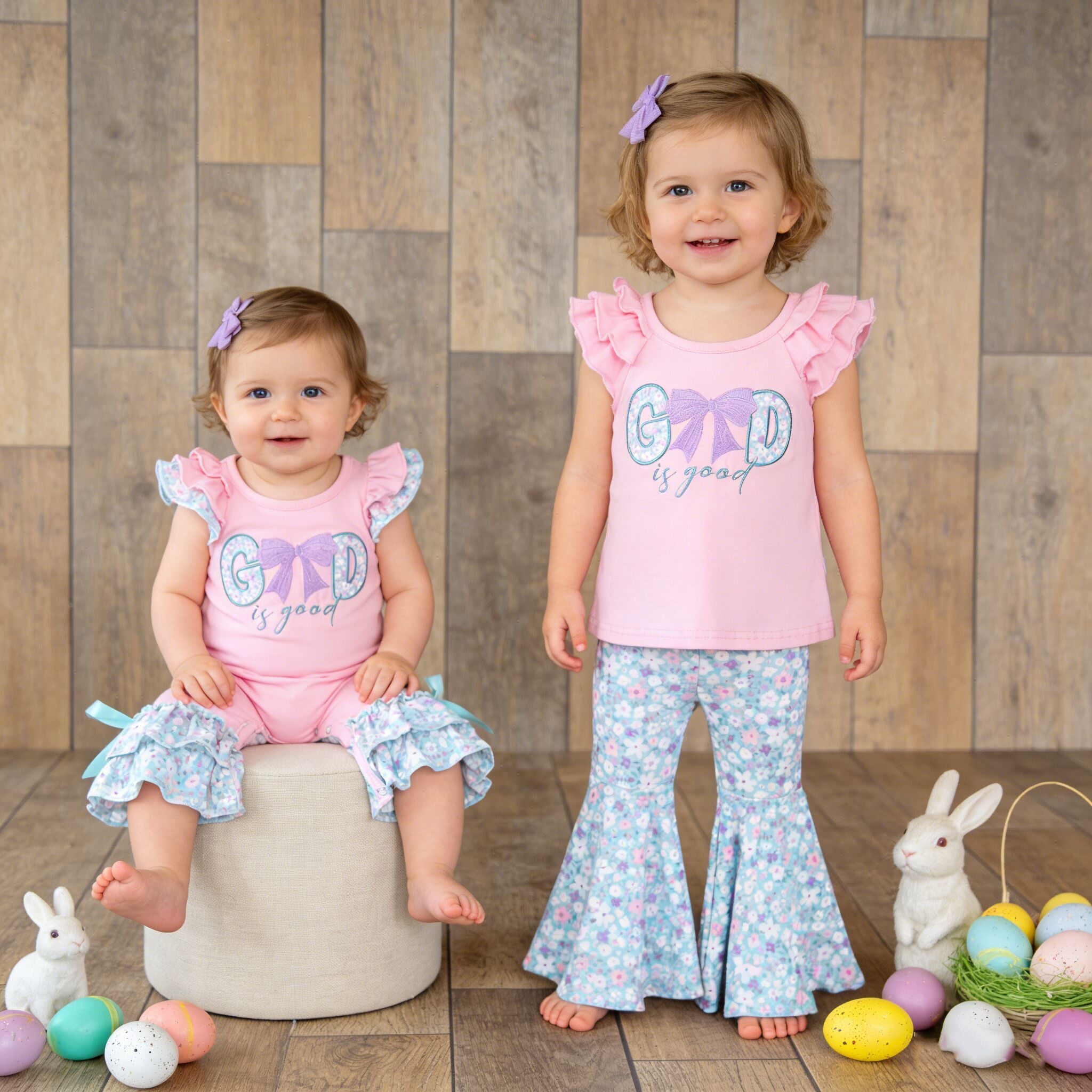 (In Stock)Girls Spring&Summer GOD is good Applique Ruffle Set&Romper