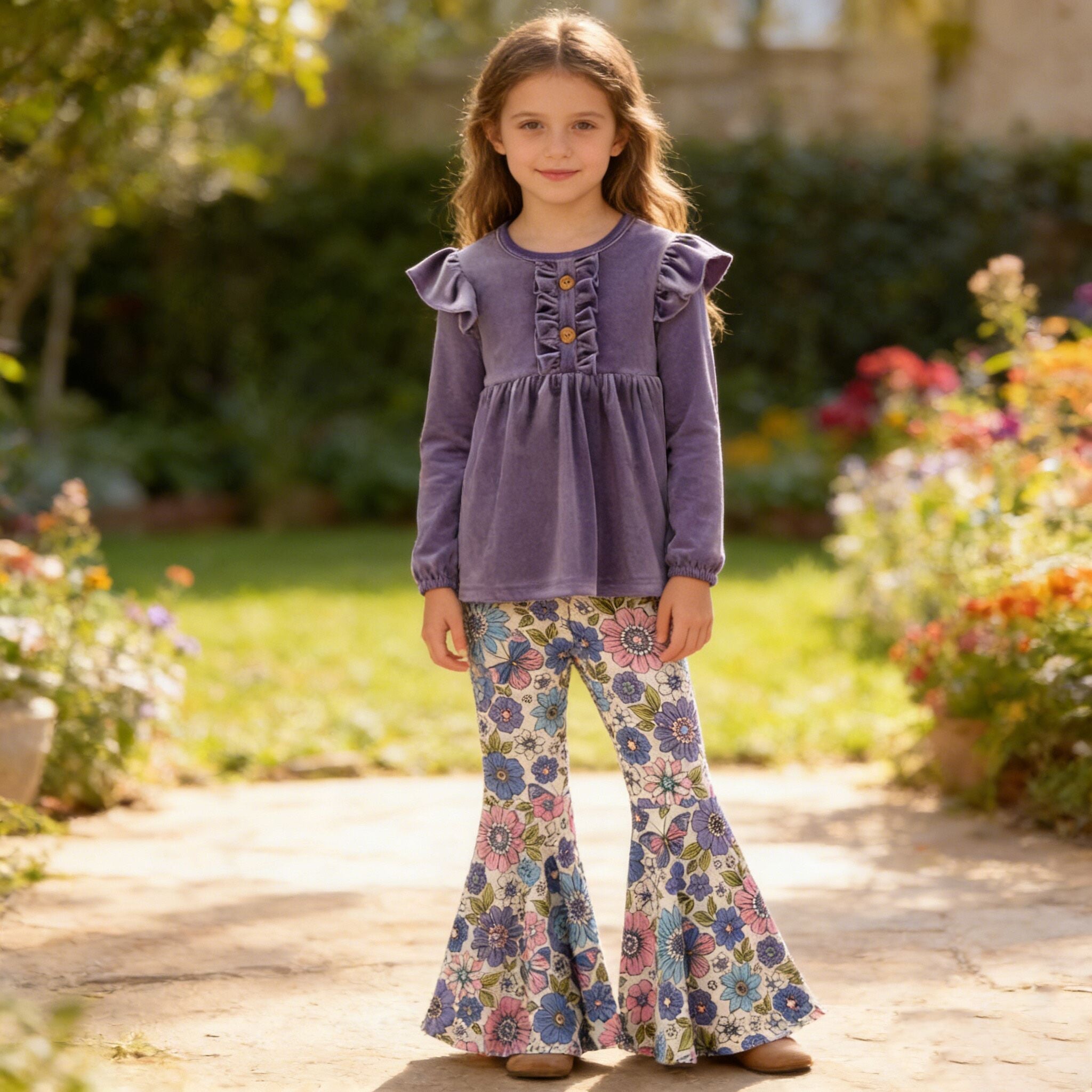 (In Stock)Girls Spring Lavender Velvet Floral Print Outfit Set