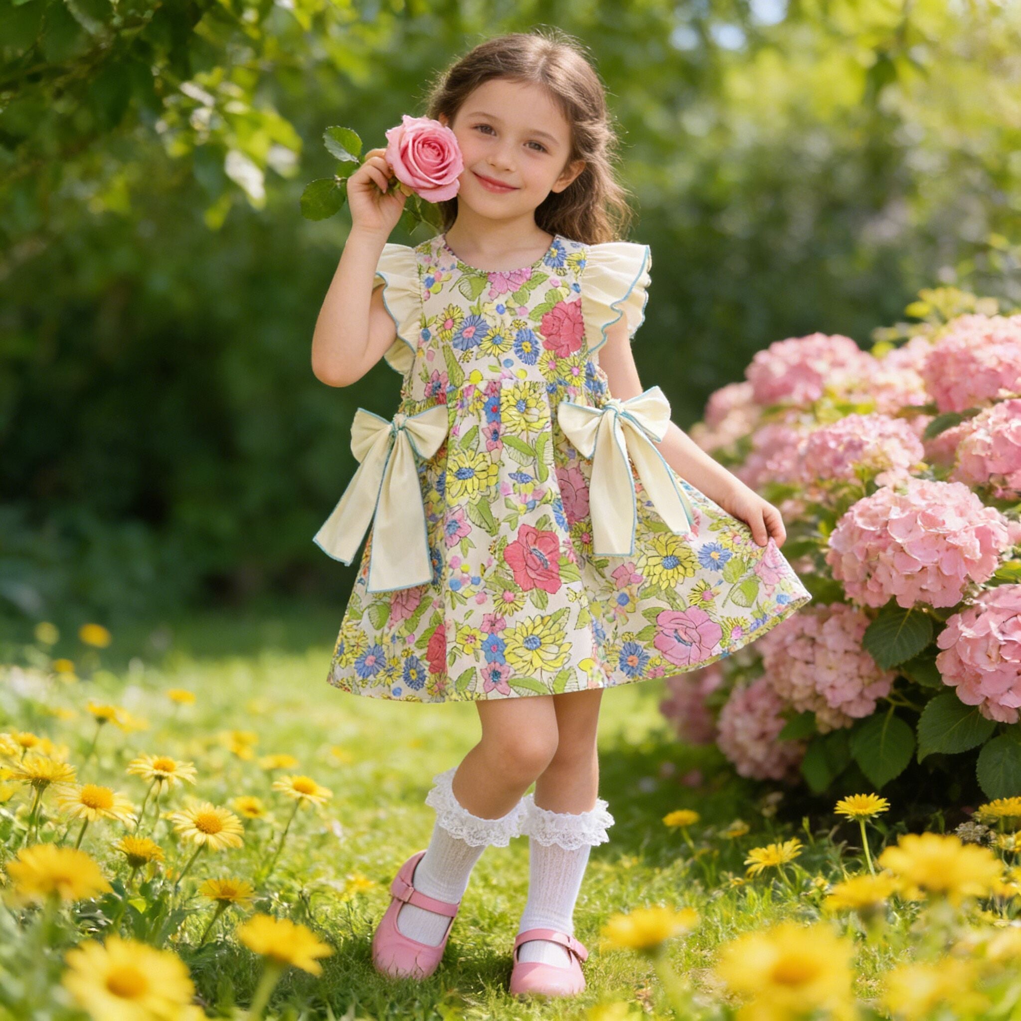 (In Production)Girls Spring&Summer Floral Print Flying Sleeves Dress