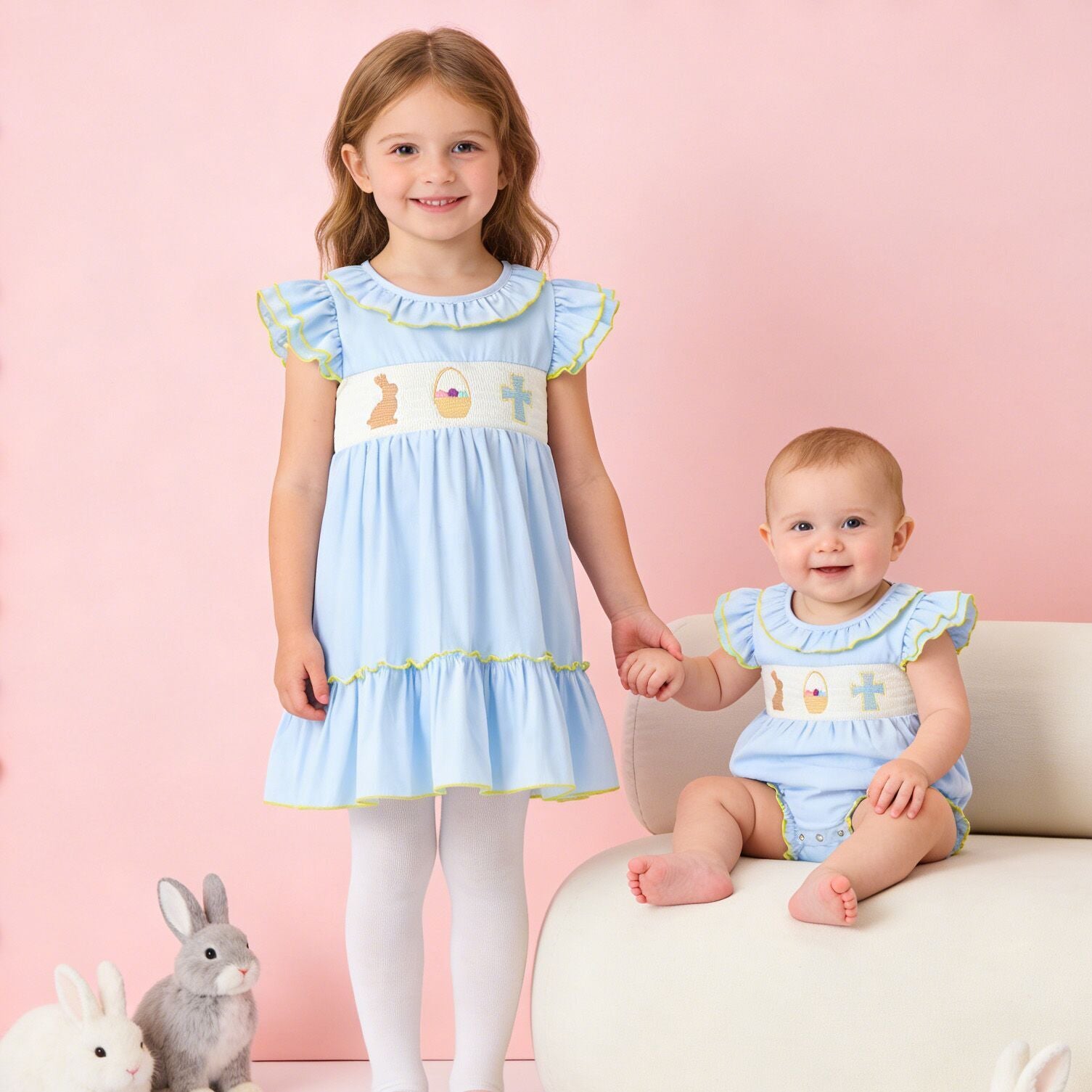 (In Stock)Sisters Easter Bunny Embroidery Smocked Dress&Romper