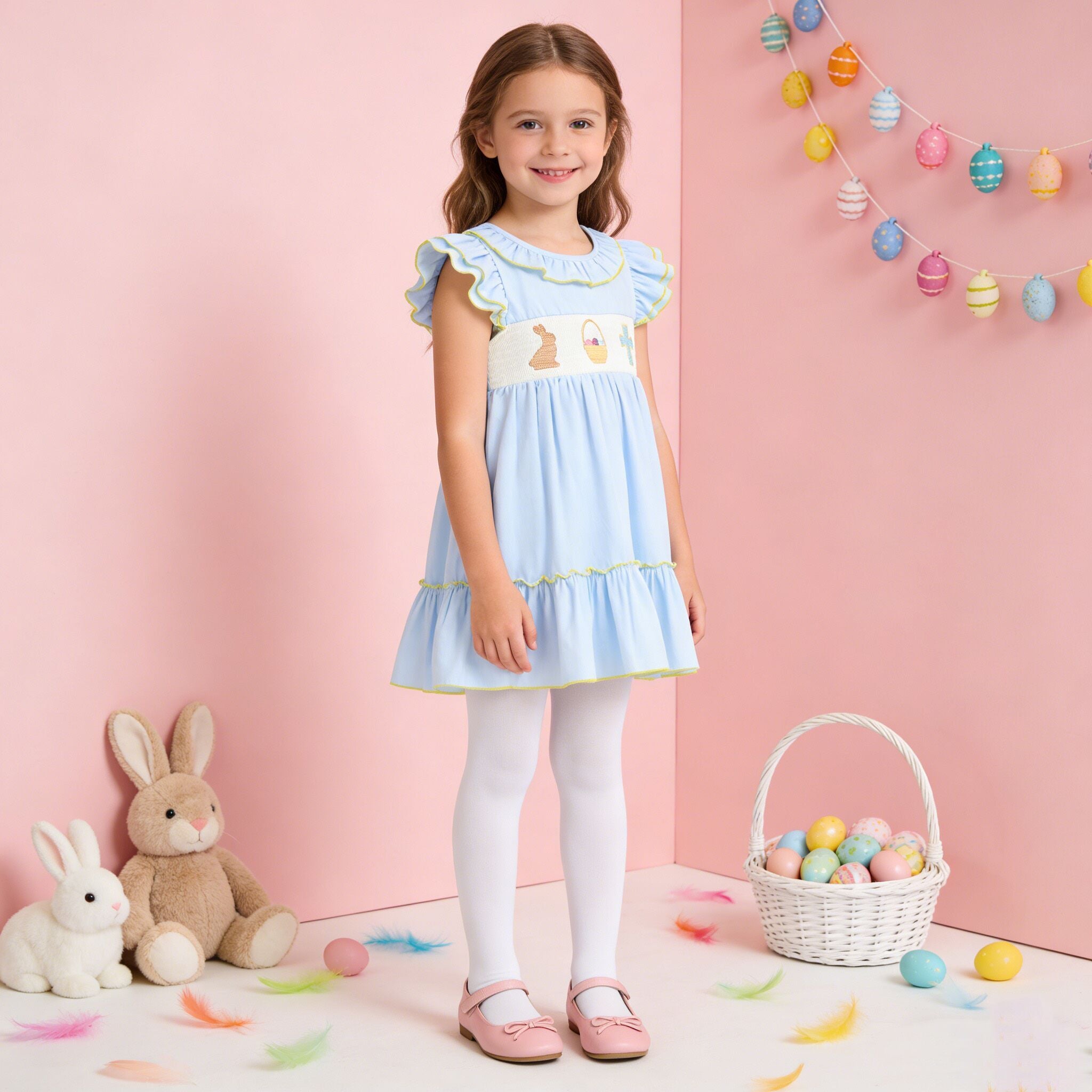 (In Stock)Sisters Easter Bunny Embroidery Smocked Dress&Romper