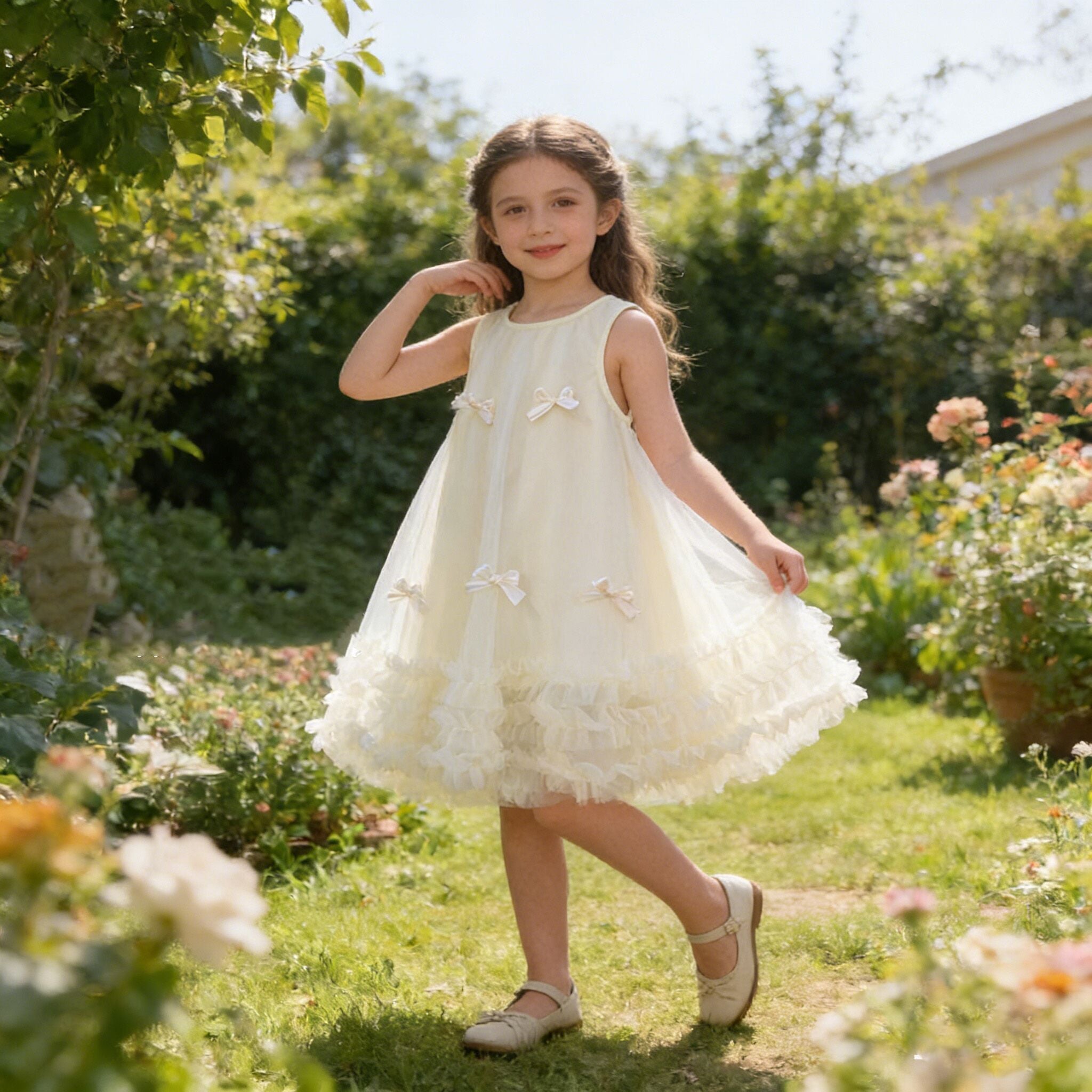 (In Production)Girls Spring&Summer Bow Mesh Dress