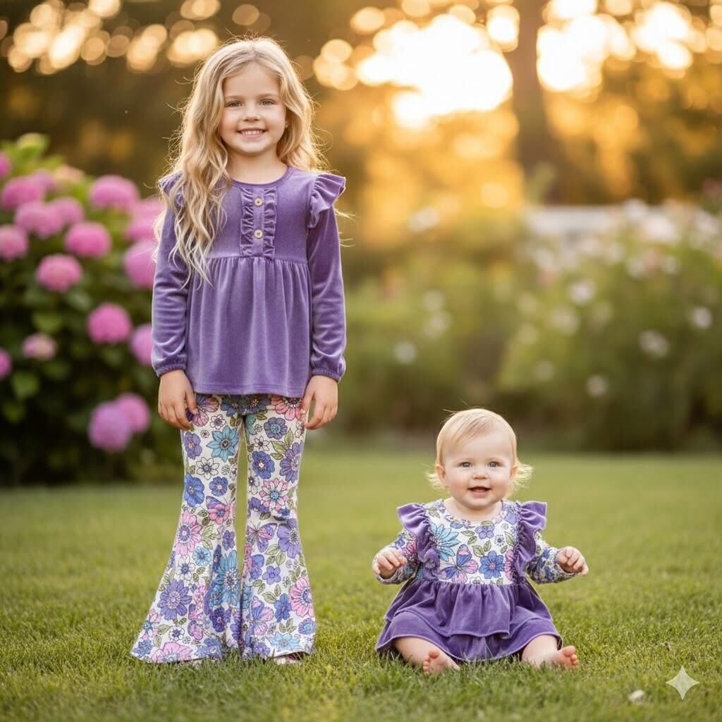 (In Stock)Toddler Girls Spring Lavender Velvet Floral Print Romper