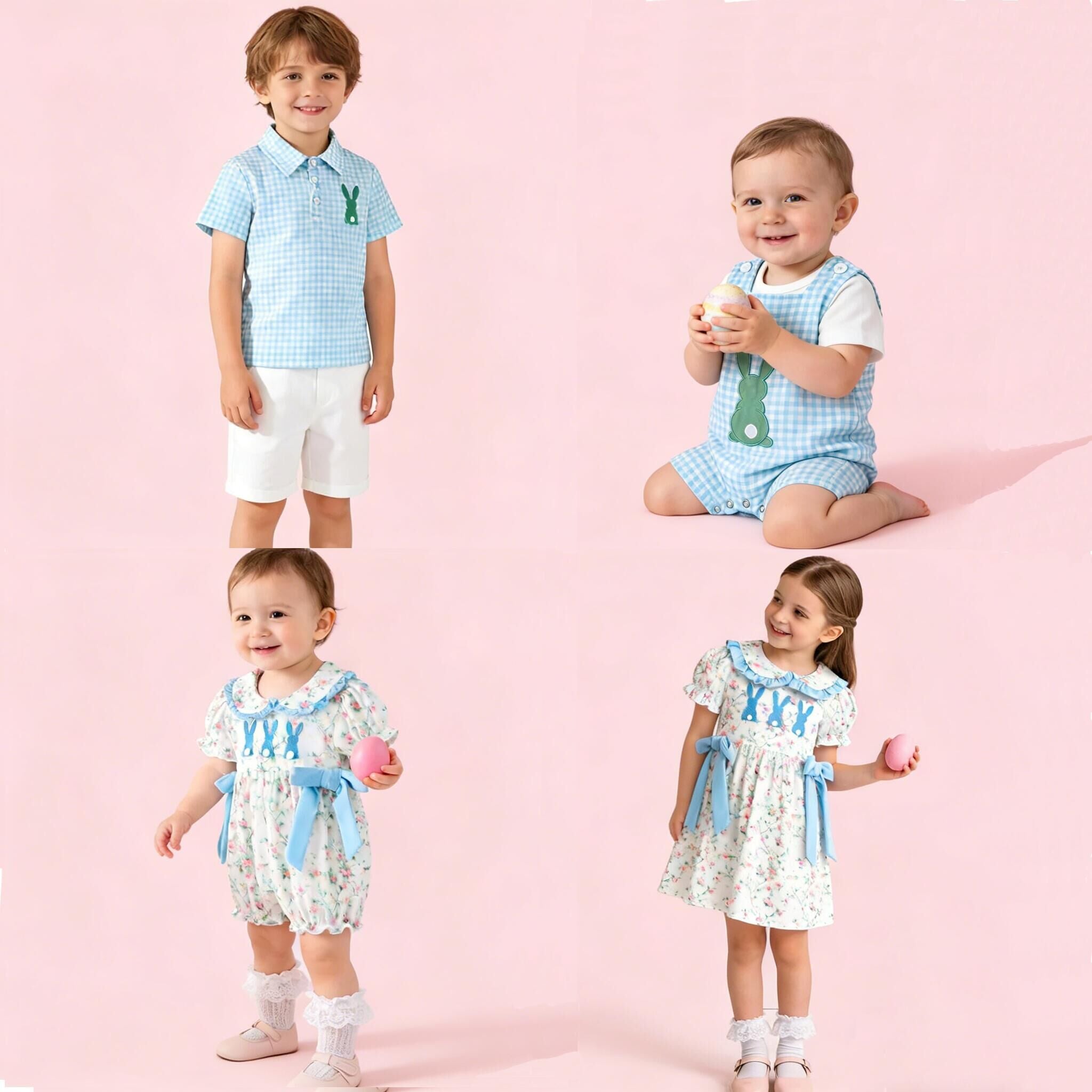 (In Stock)Siblings Easter Bunny Applique Dress,Top&Romper