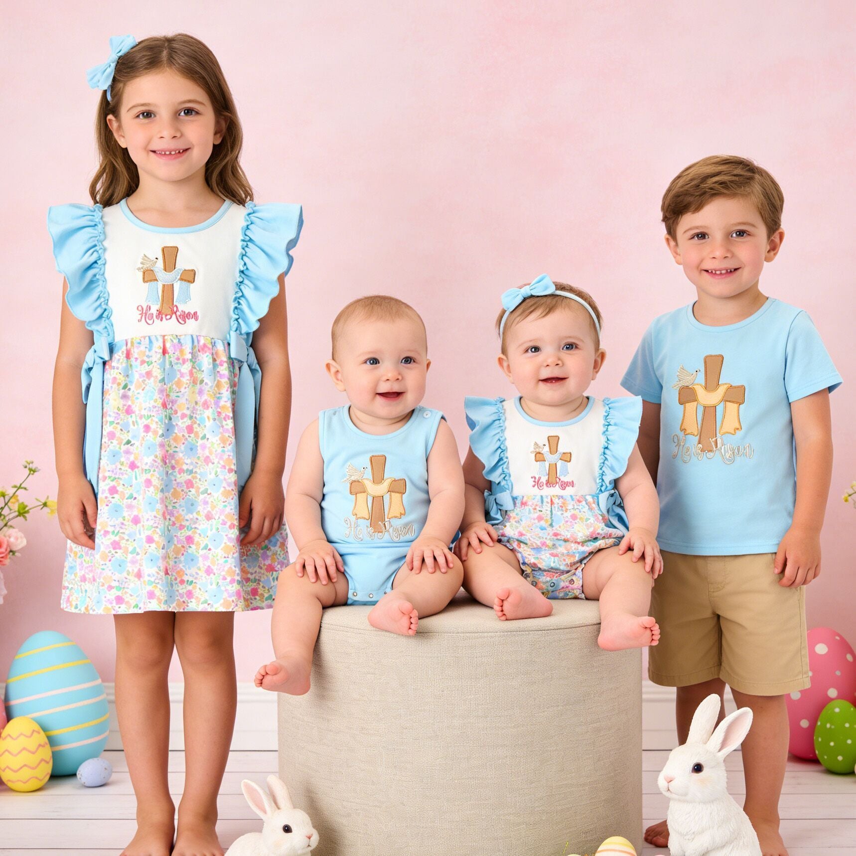 (In Stock)Siblings Easter Cross Applique Dress,Top&Romper