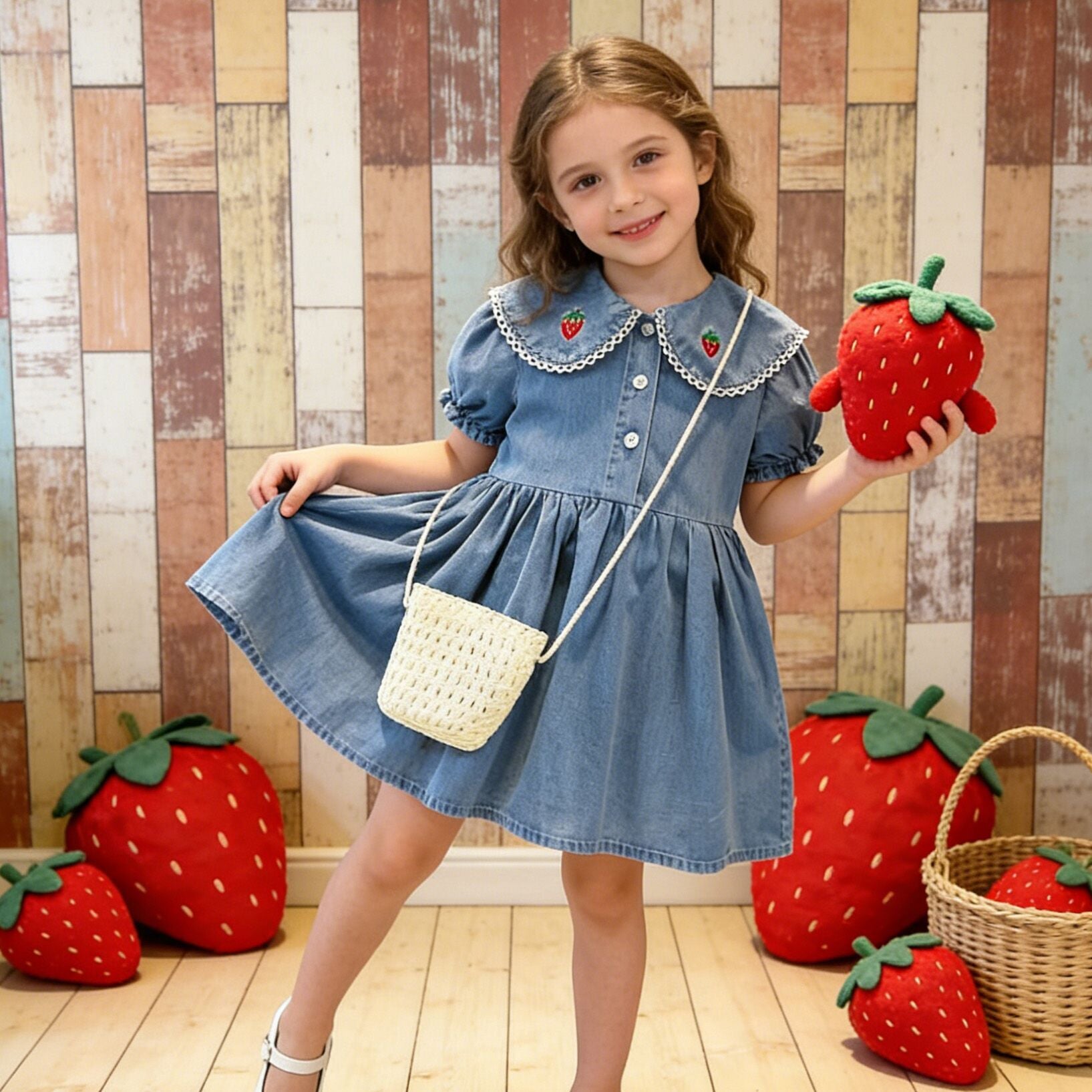 (In Production)Girls Spring&Summer Strawberry Embroidery Denim Dress with Bag
