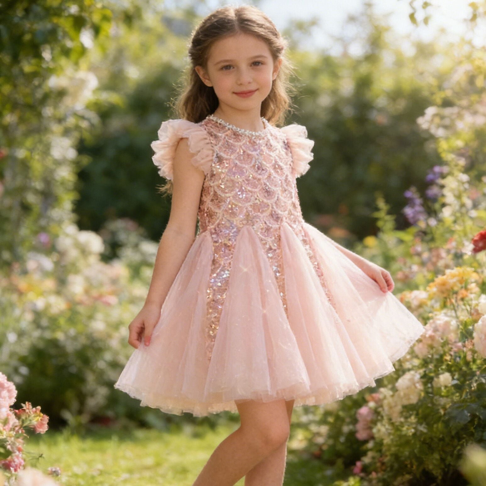 (In Production)Girls Spring&Summer Mermaid Sequin Tulle Dress with Veil