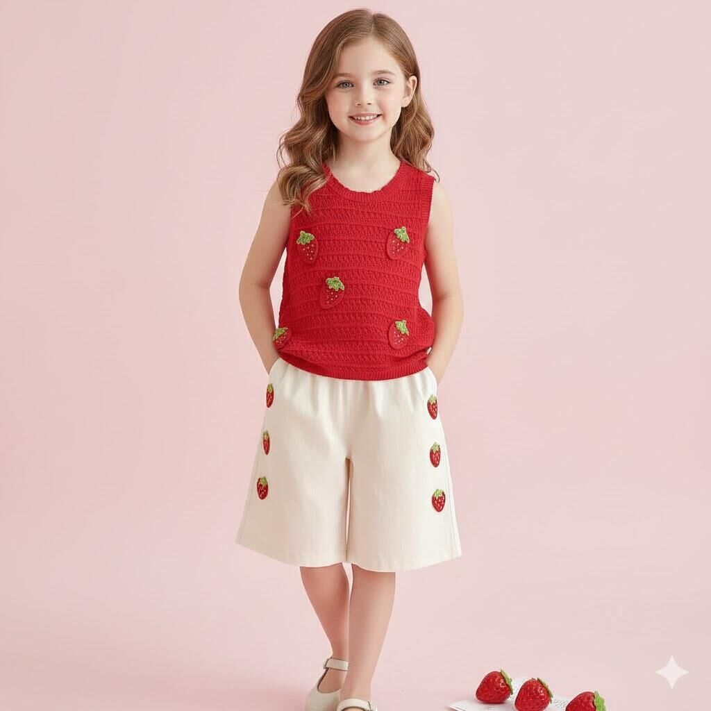 (In Production)Girls Spring&Summer Strawberry Embroidery Pants Set