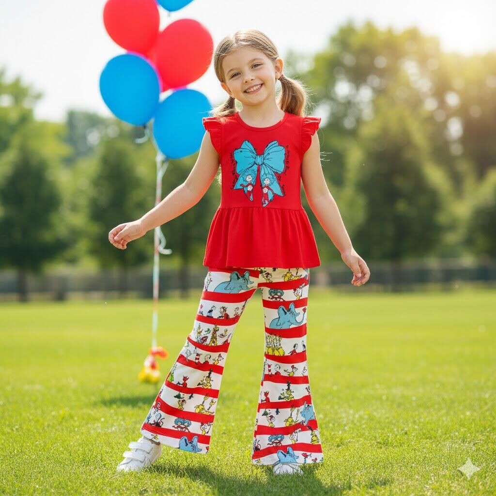 (In Stock)Girls DR SEUSS Print Flying Sleeves Outfit Set