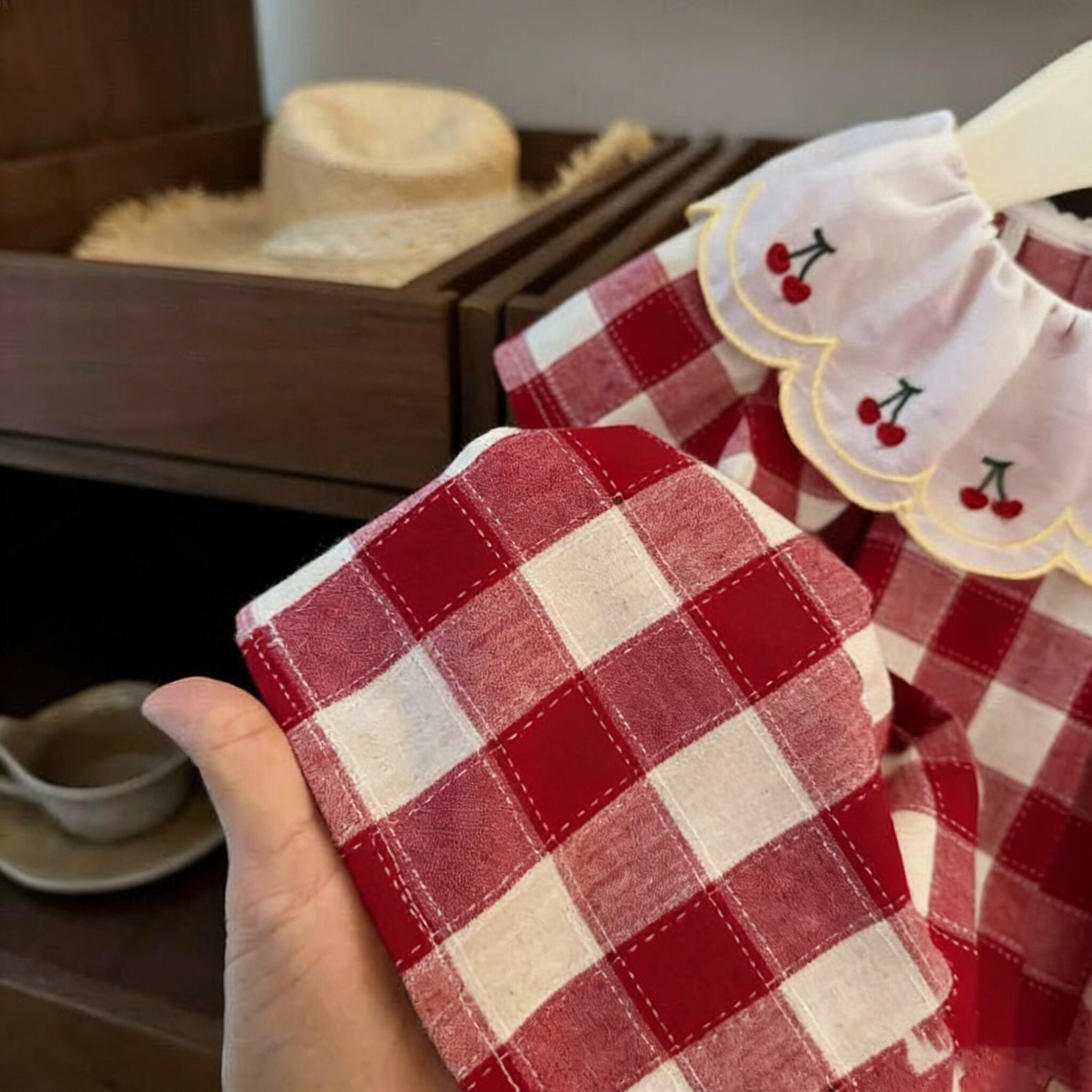 (In Production)Girls Spring&Summer Cherry Embroidery Doll Collar Dress