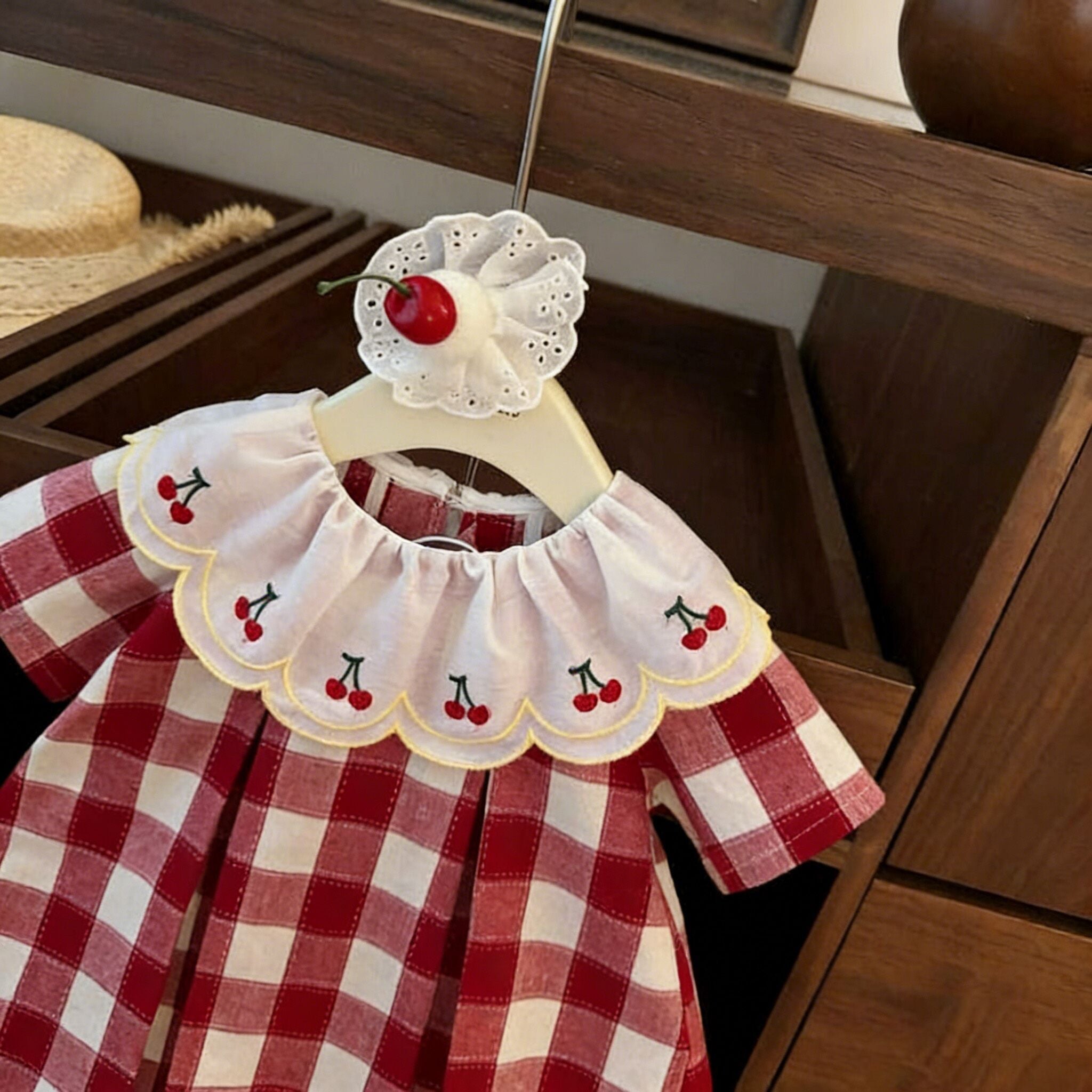 (In Production)Girls Spring&Summer Cherry Embroidery Doll Collar Dress