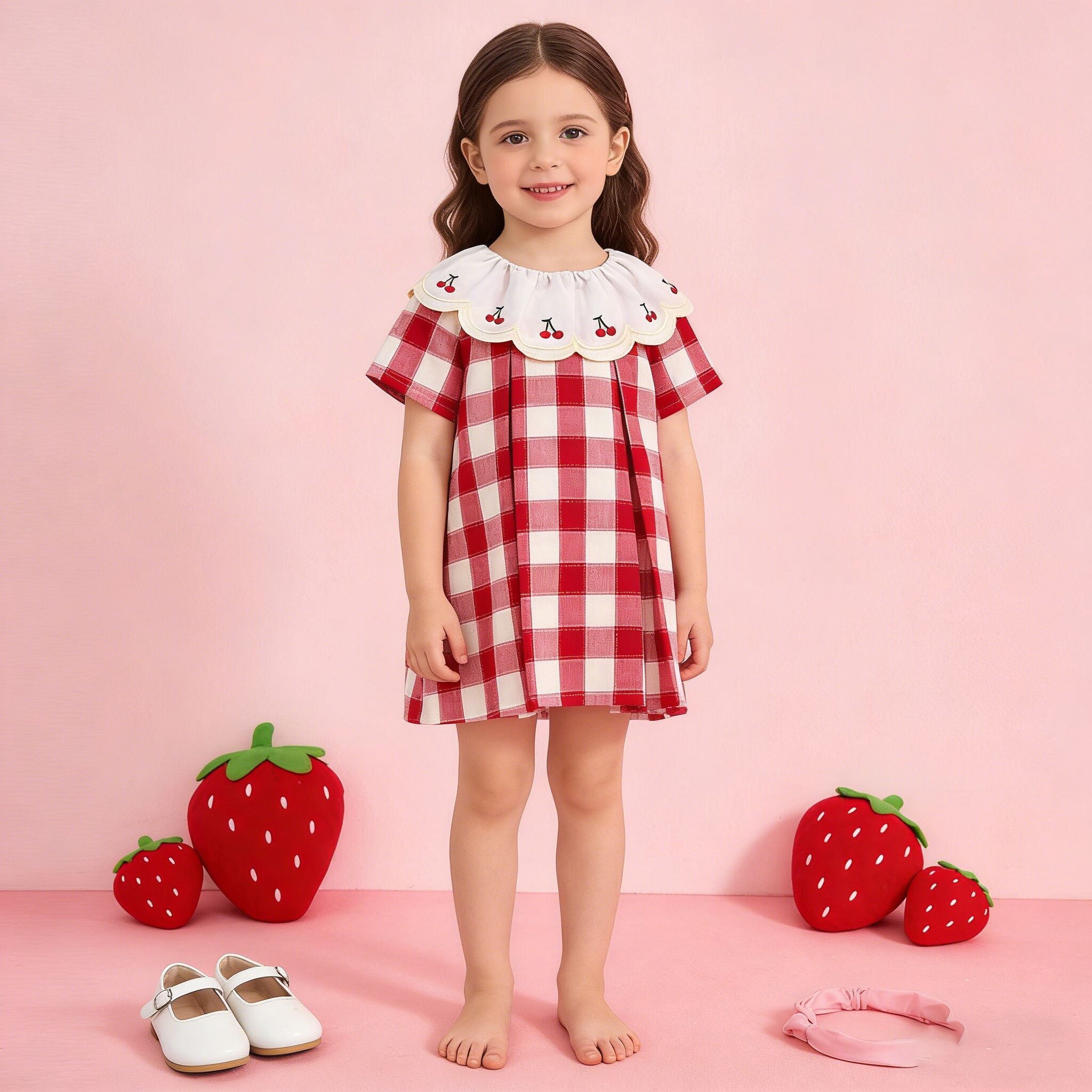 (In Production)Girls Spring&Summer Cherry Embroidery Doll Collar Dress