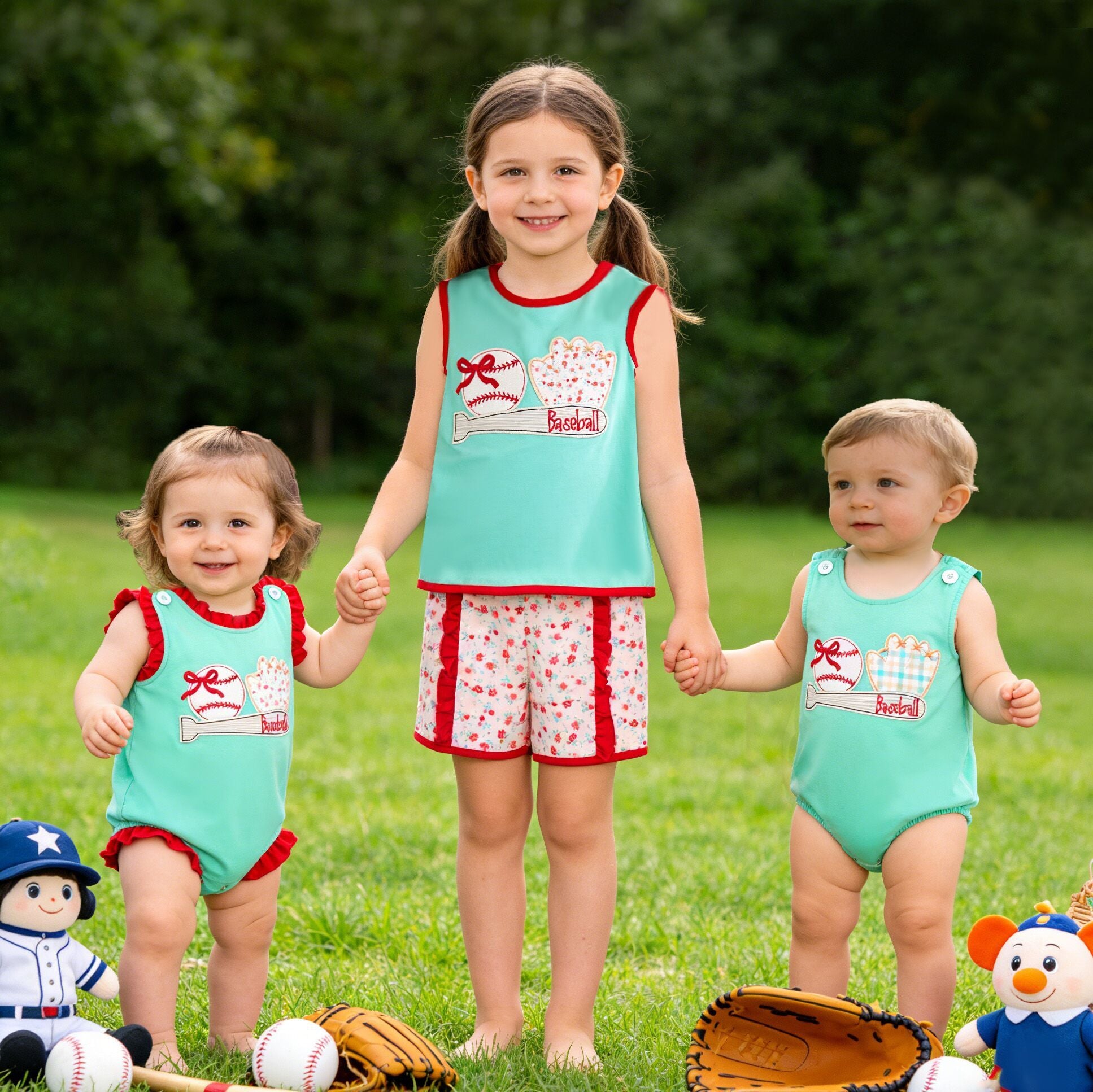 (In Stock)Siblings Spring&Summer Baseball Applique Shorts Set&Romper