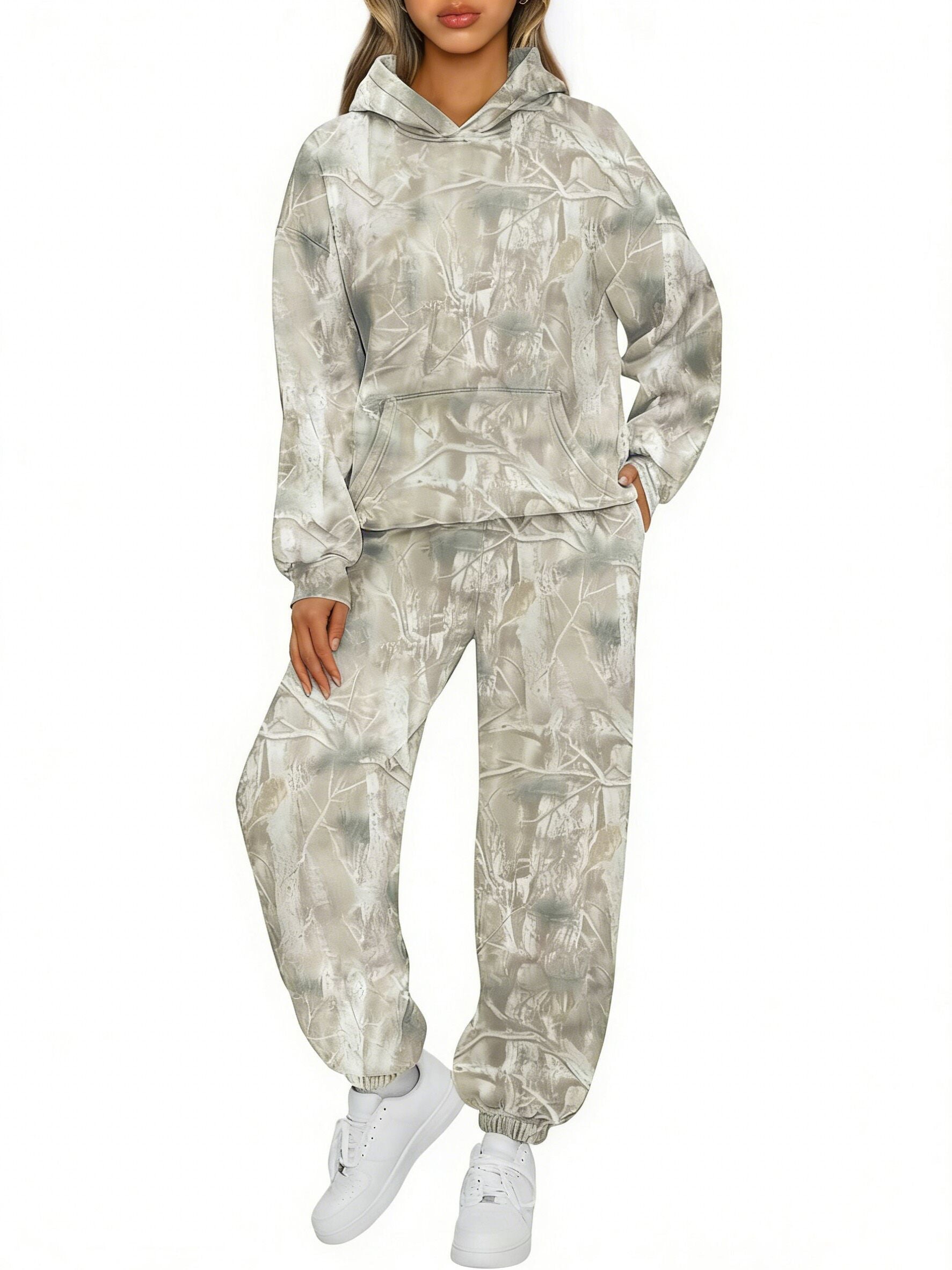 (In Production)Adults Maple Leaves Print Hoodie Set