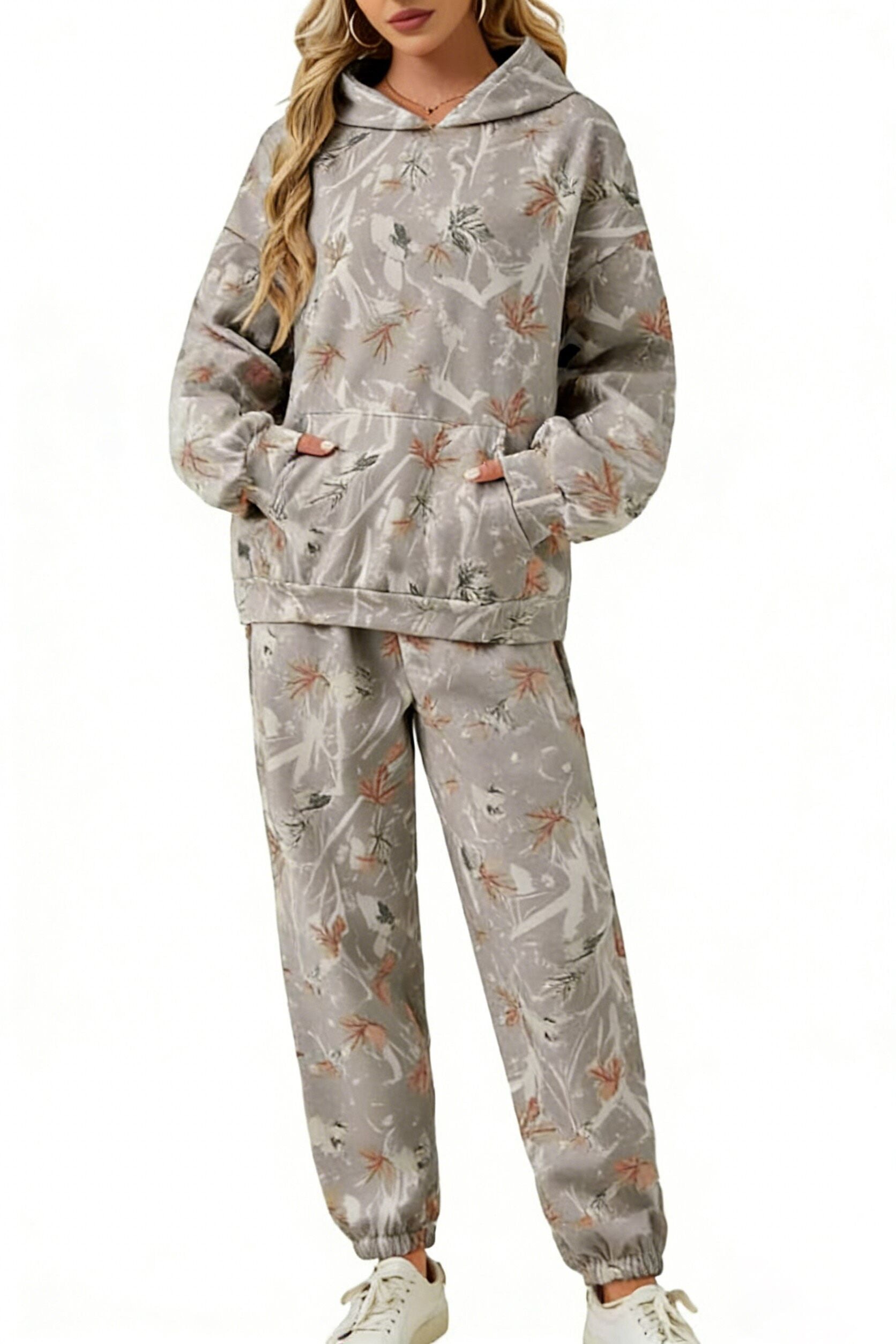 (In Production)Adults Maple Leaves Print Hoodie Set