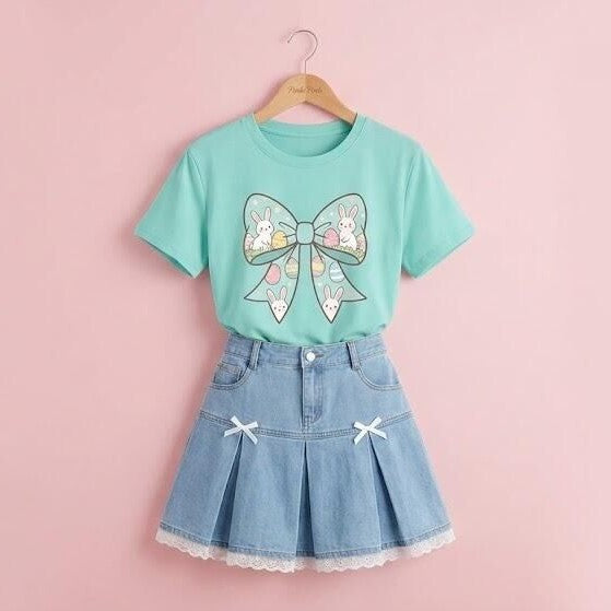 (In Production)Girls Spring&Summer Bow Lace Denim Pleated Skirt