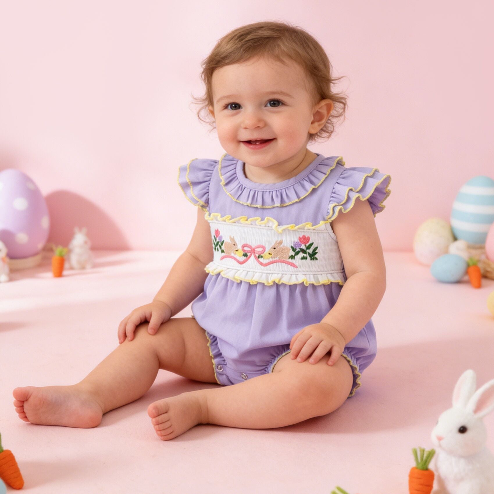 (In Stock)Sisters Easter Bunny Embroidery Smocked Dress&Romper