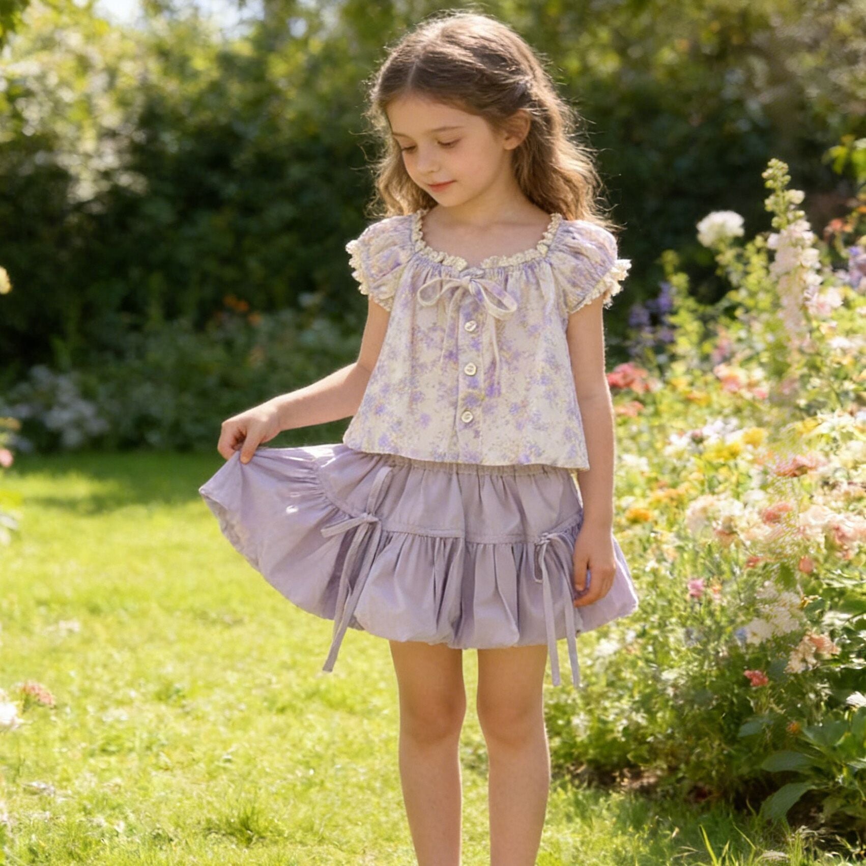 (In Production)Girls Spring&Summer Lavender Floral Print Skirt Set