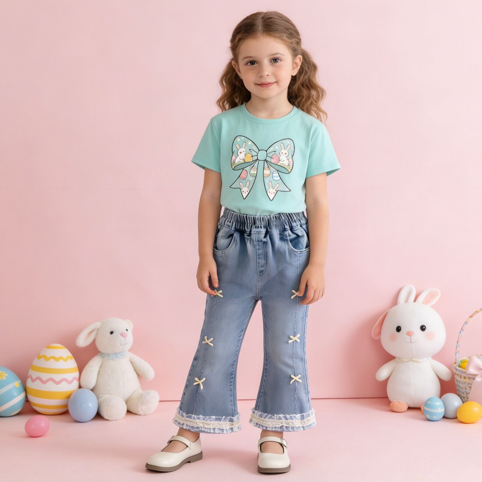 (In Production)Girls Spring&Summer Bow Lace Denim Flared Pants