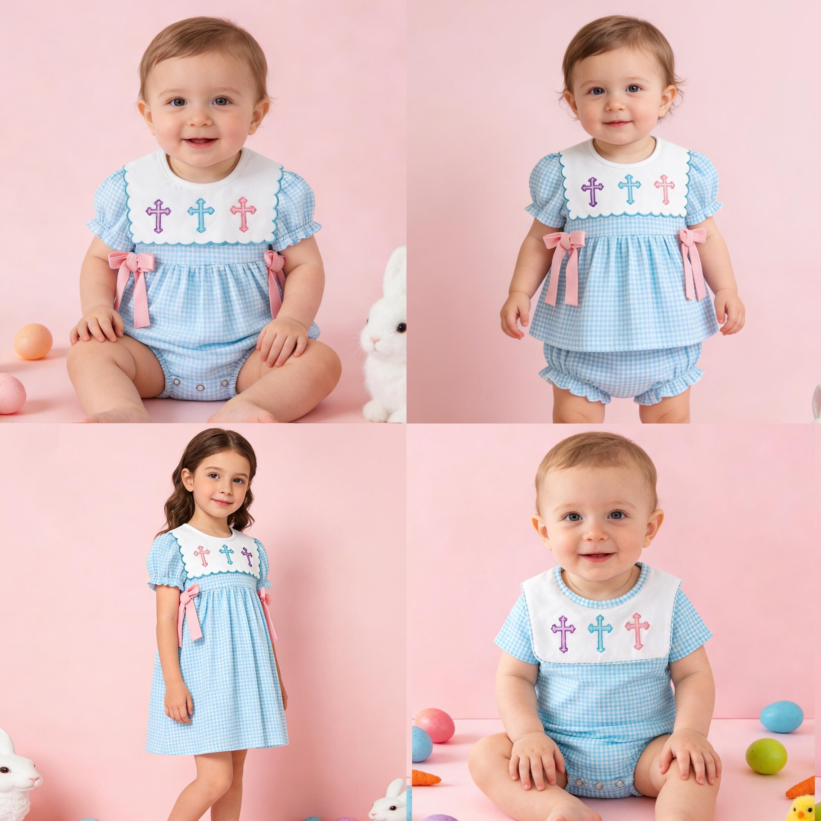 (In Stock)Siblings Easter Cross Embroidery Dress,Bloomer Set&Romper