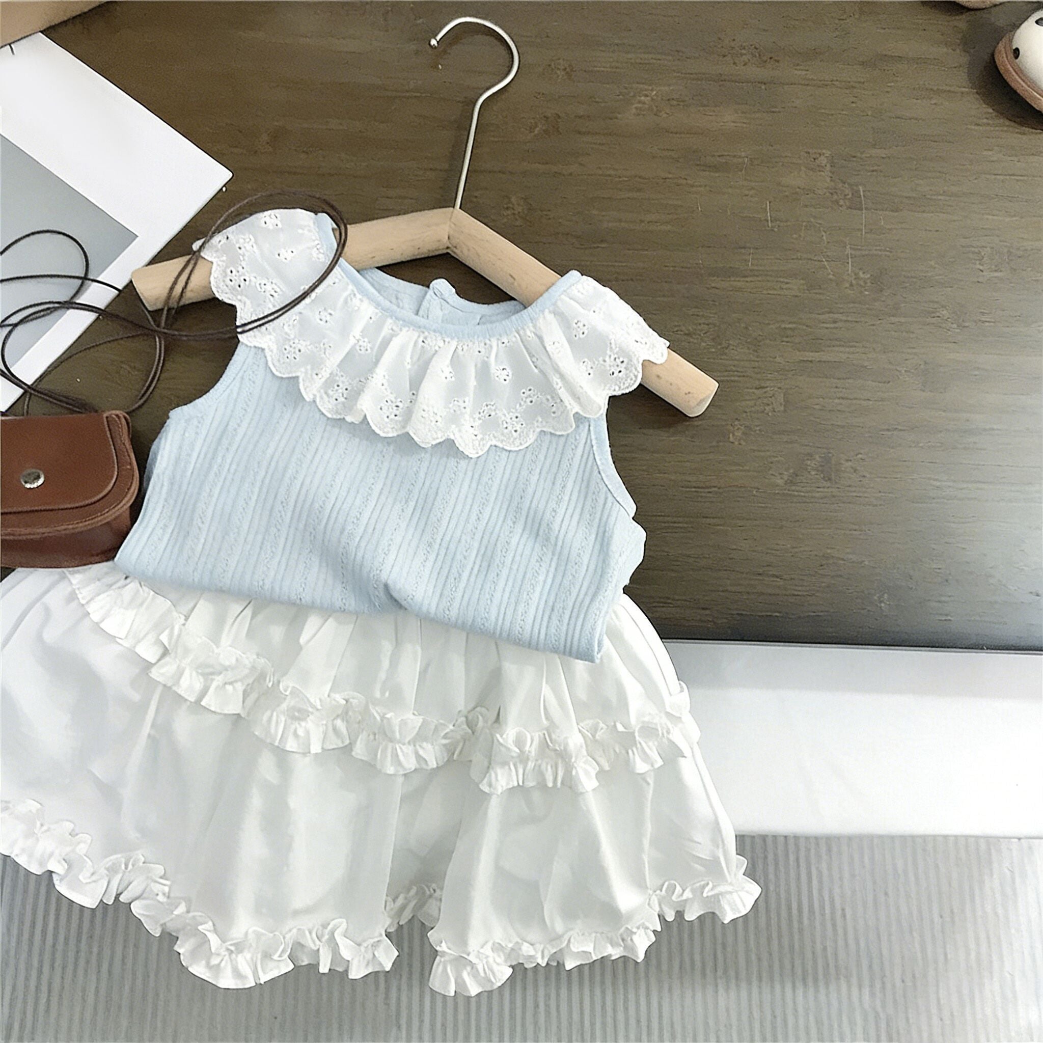 (In Production)Girls Spring&Summer Baby Blue Lace Ruffle Skirt Set