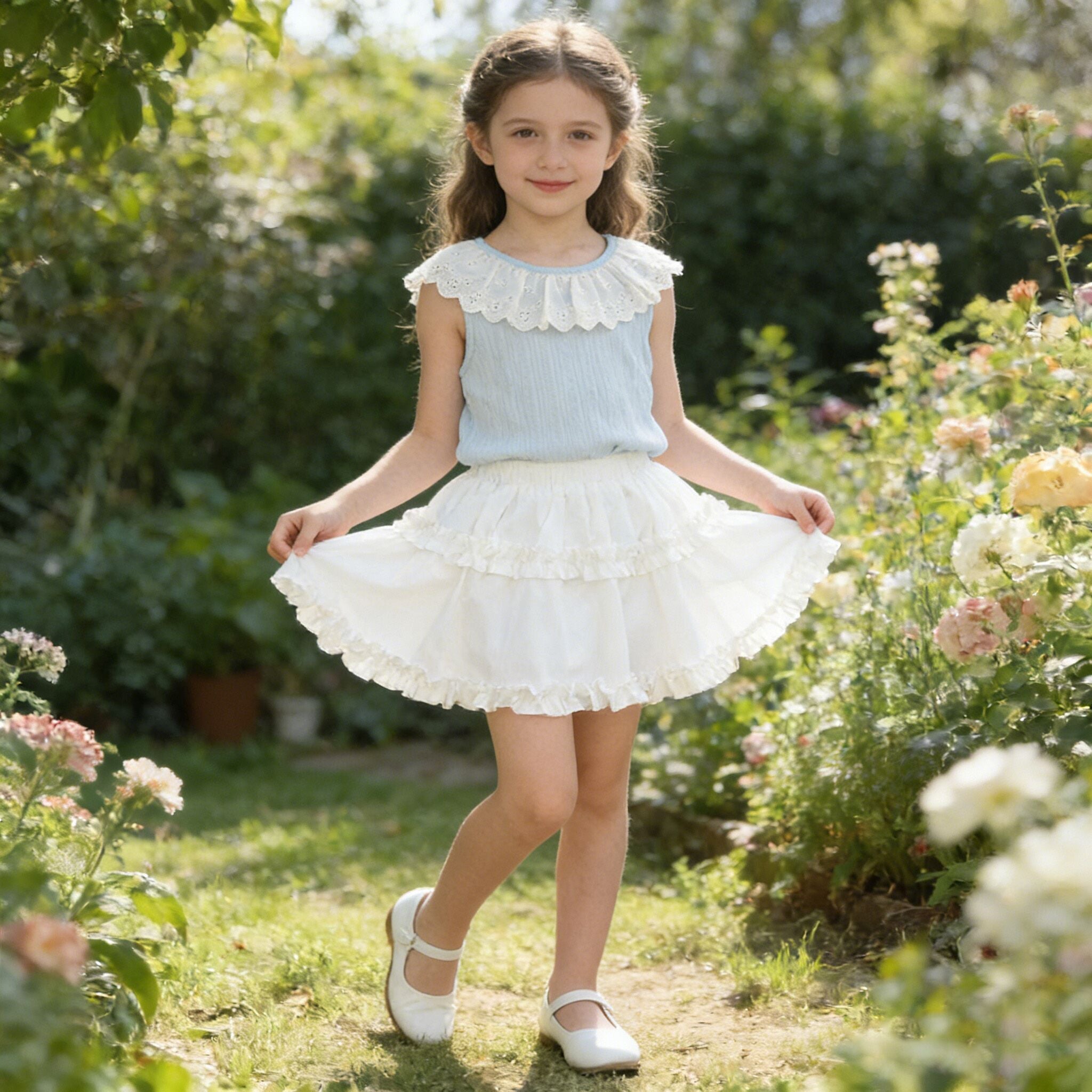 (In Production)Girls Spring&Summer Baby Blue Lace Ruffle Skirt Set