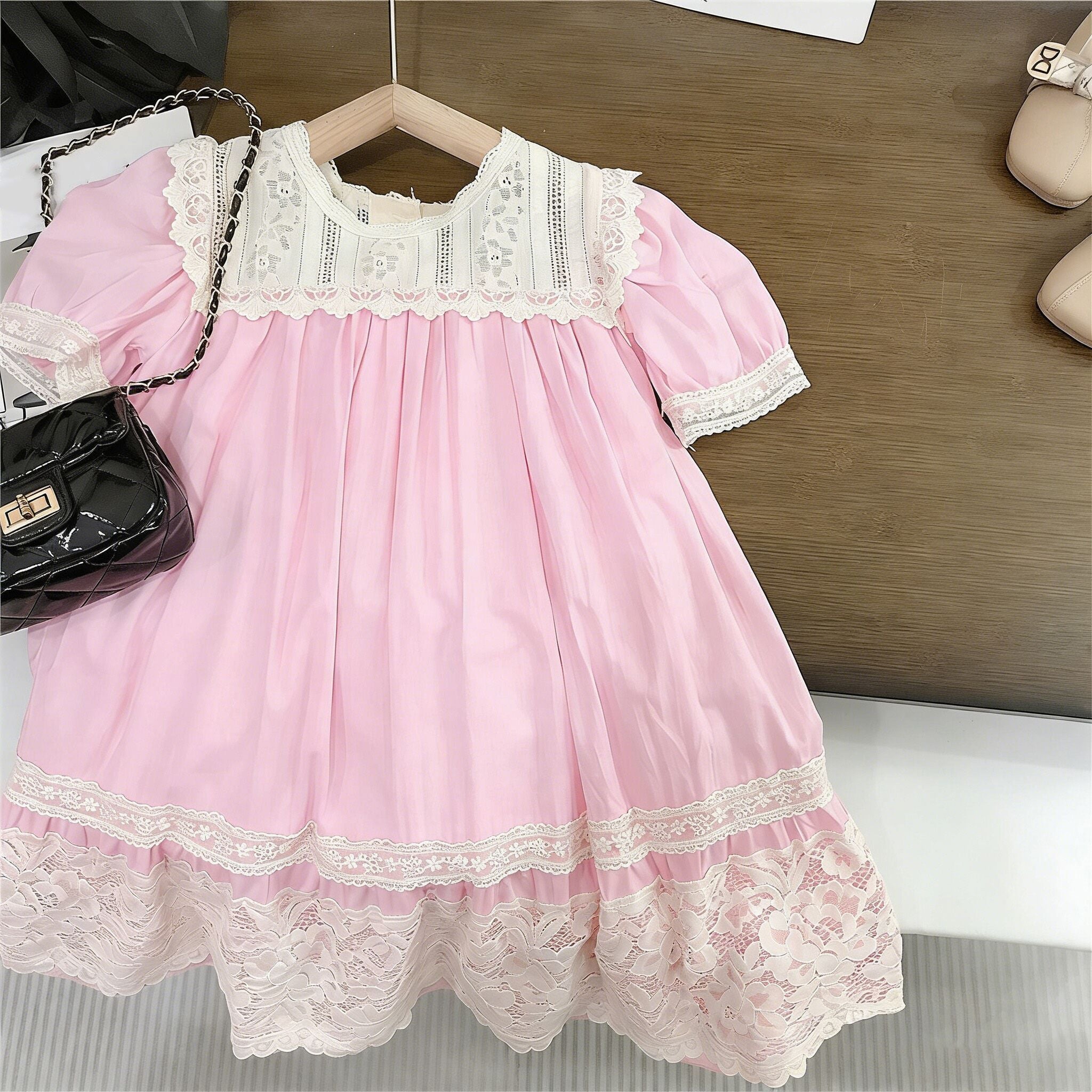 (In Production)Girls Spring&Summer Pink Cotton Lace Dress