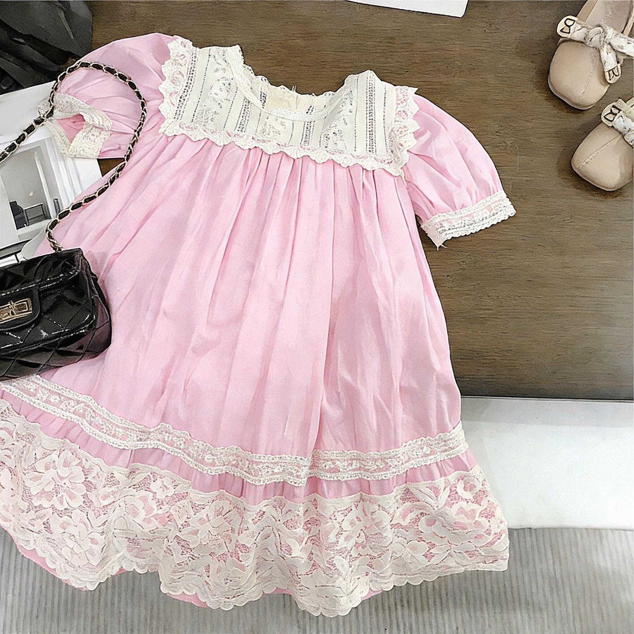 (In Production)Girls Spring&Summer Pink Cotton Lace Dress