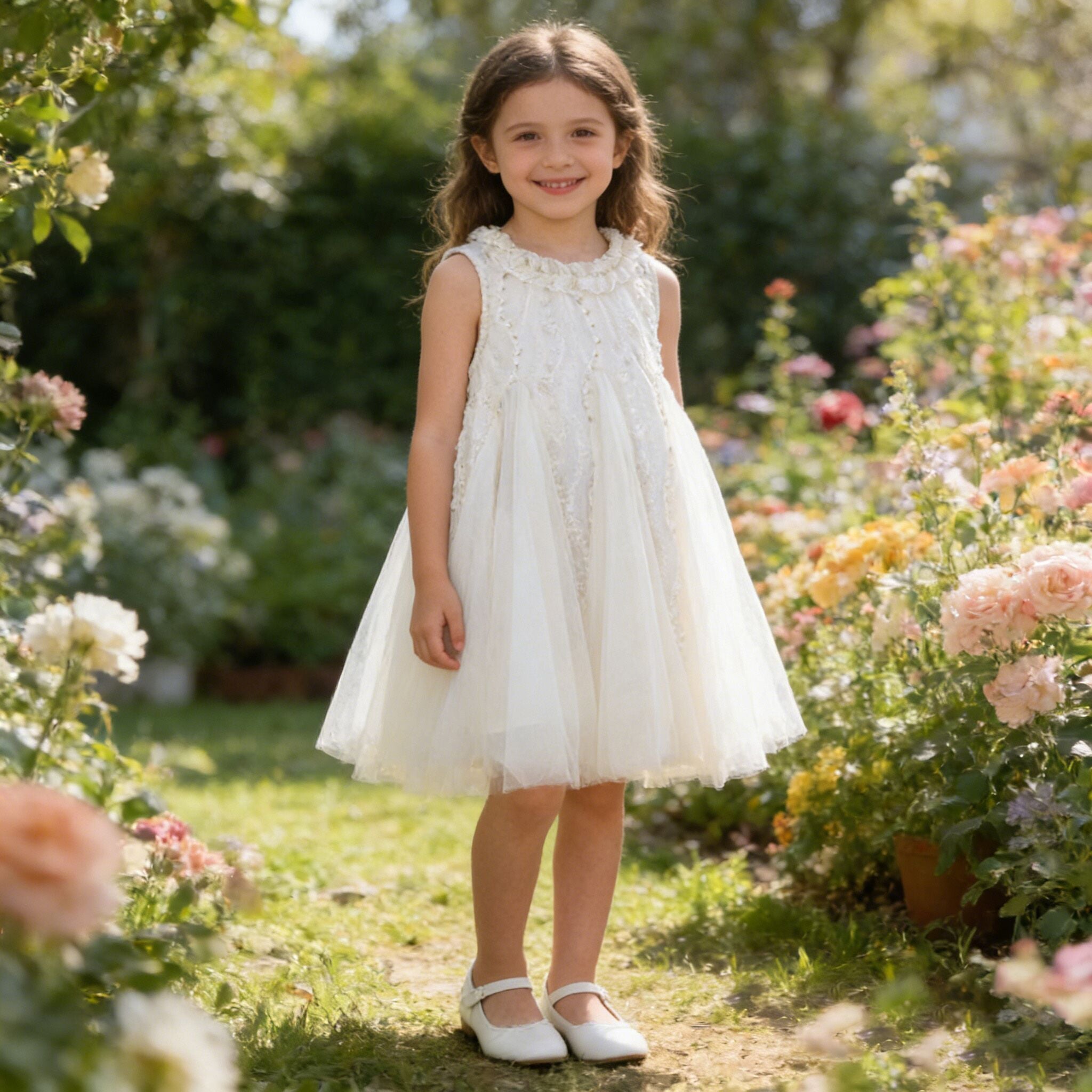 (In Production)Girls Spring&Summer Heart Embroidery Gauzy Dress