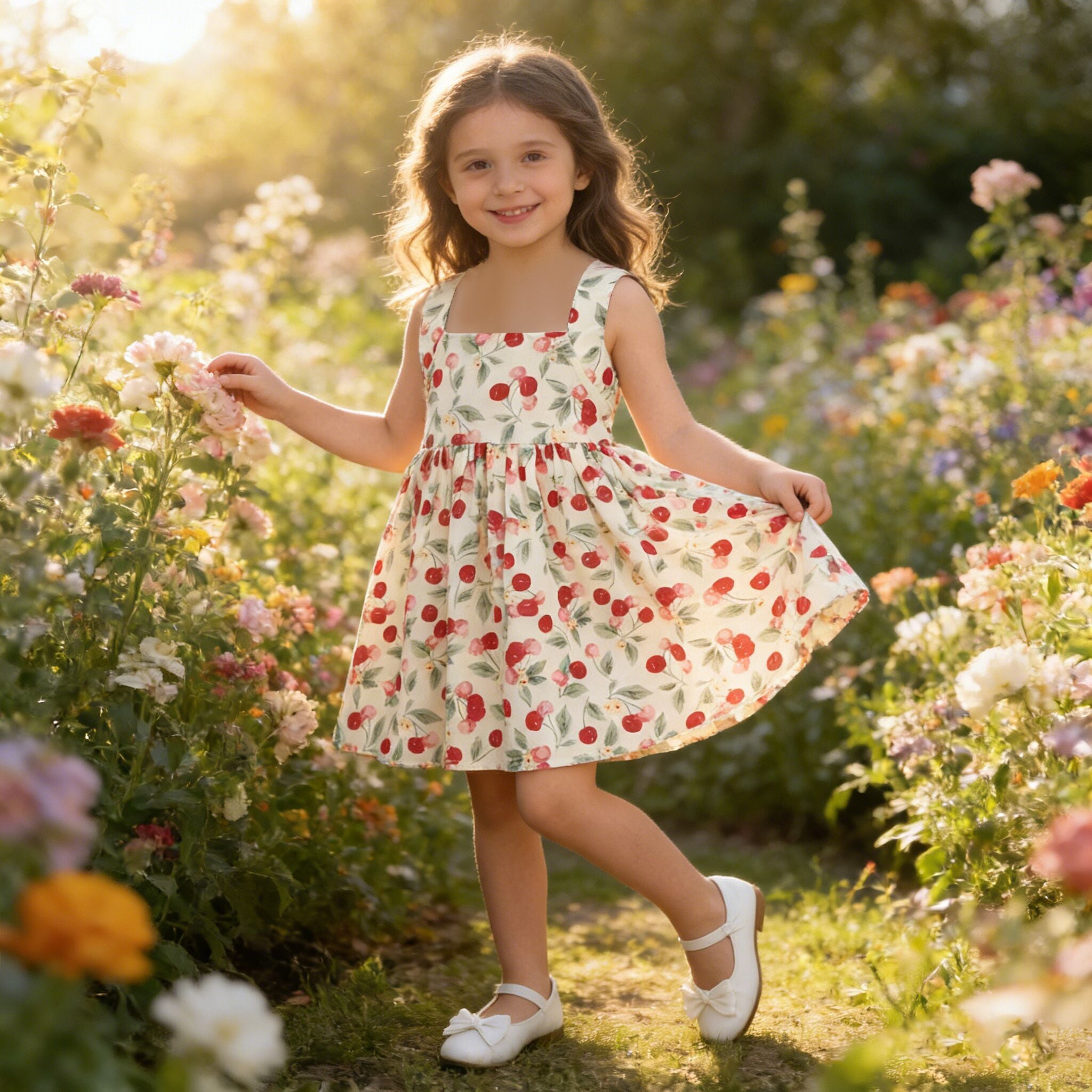 (In Production)Girls Spring&Summer Cherry Print Dress